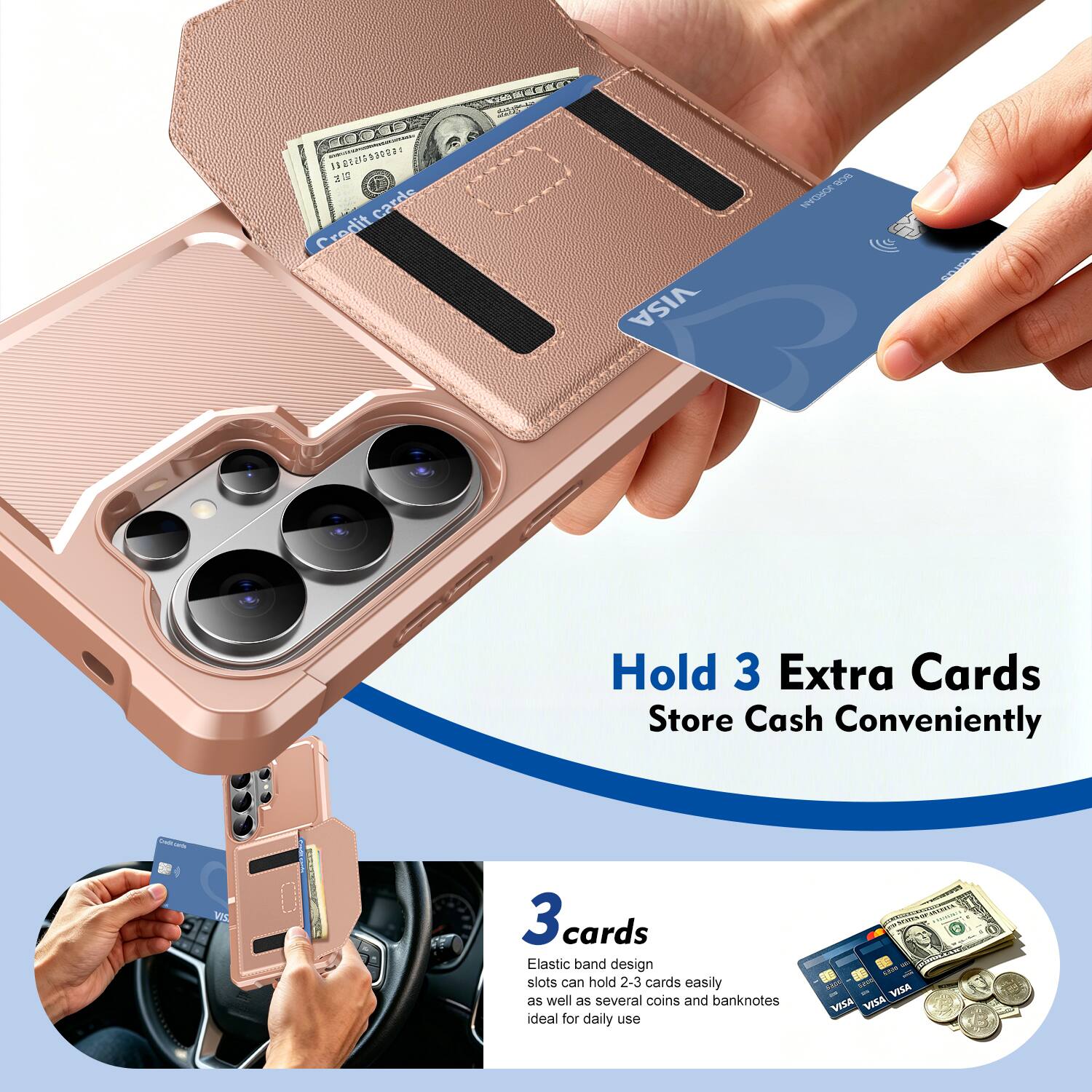 OMESERE 2 So 0 1not Credit cards Cradit VISA A ZPGA STIPPO Hold 3 Extra Cards Store Cash Conveniently - - VE 3 3cards cards Elastic band design slots can hold 2-3 cards easily as well as several coins and banknotes ideal for daily use VISA VEZA VISA