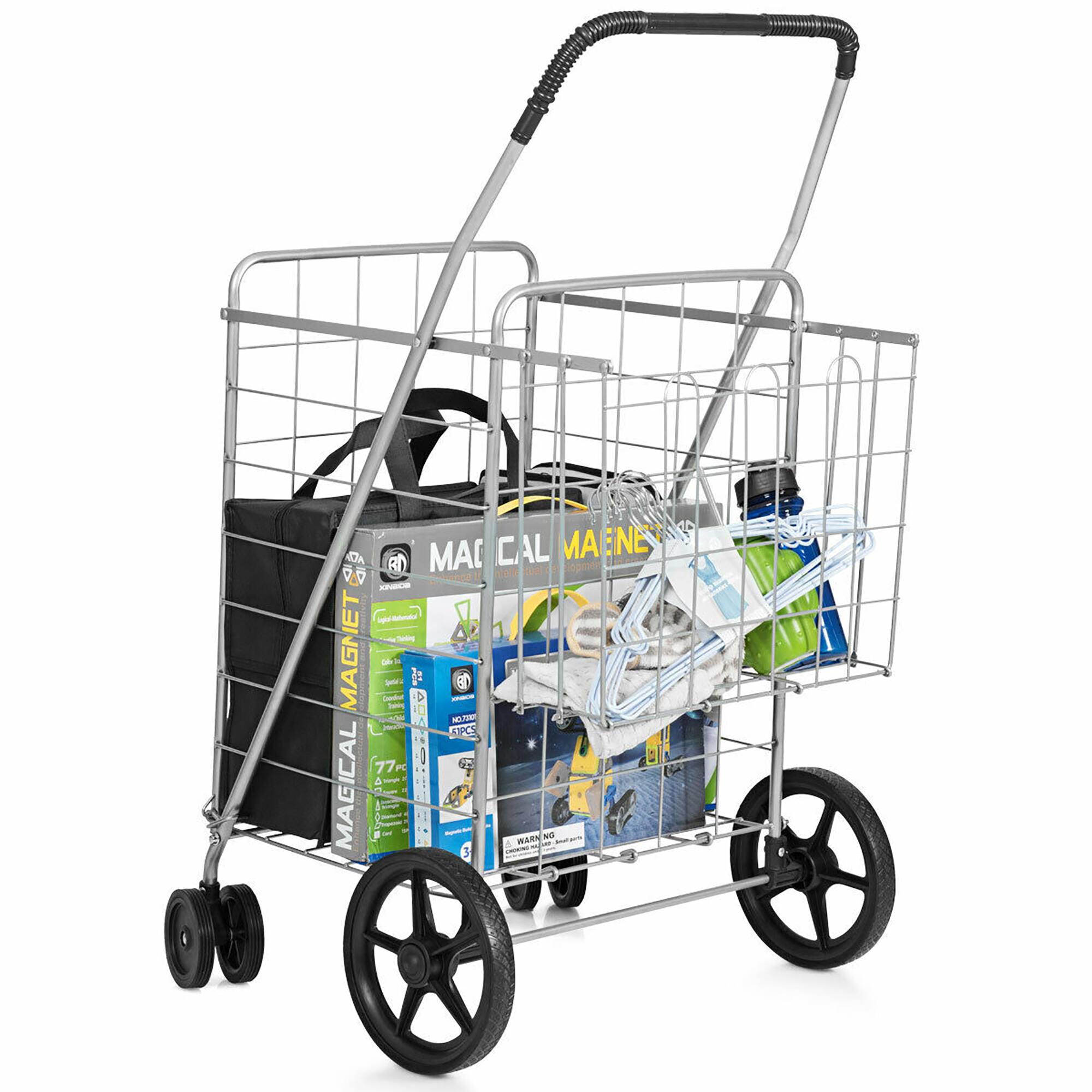 The image features a shopping cart with a black bag and a variety of items, including a box of magnets. The cart is filled with several items, including a book and a handbag. The cart is being pushed by someone, and the items are securely placed in the cart.