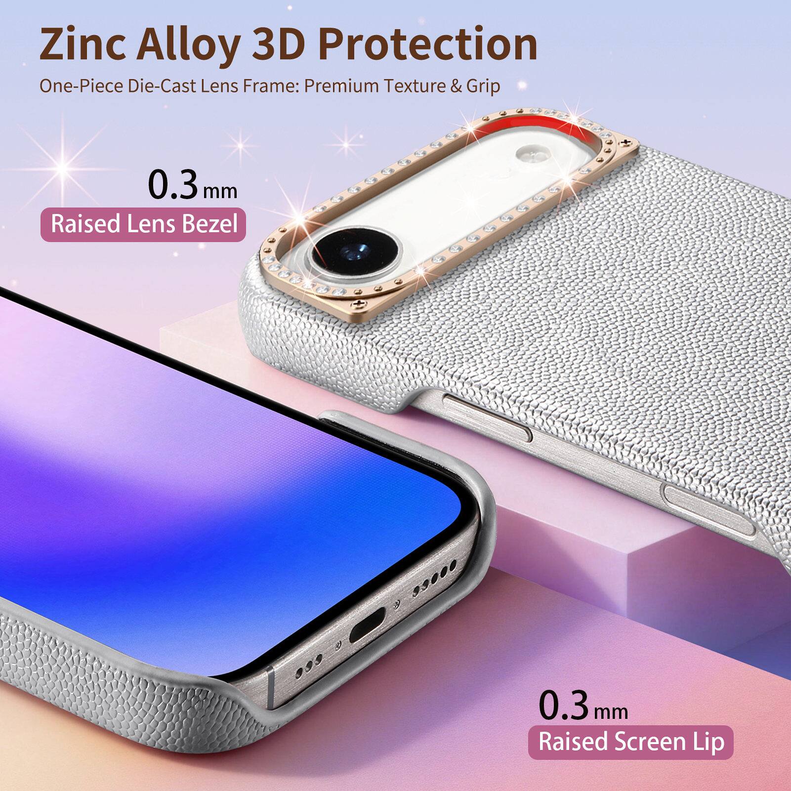 Zinc Alloy 3D Protection  
One-Piece Die-Cast Lens Frame: Premium Texture & Grip  
0.3 mm Raised Lens Bezel  
0.3 mm Raised Screen Lip