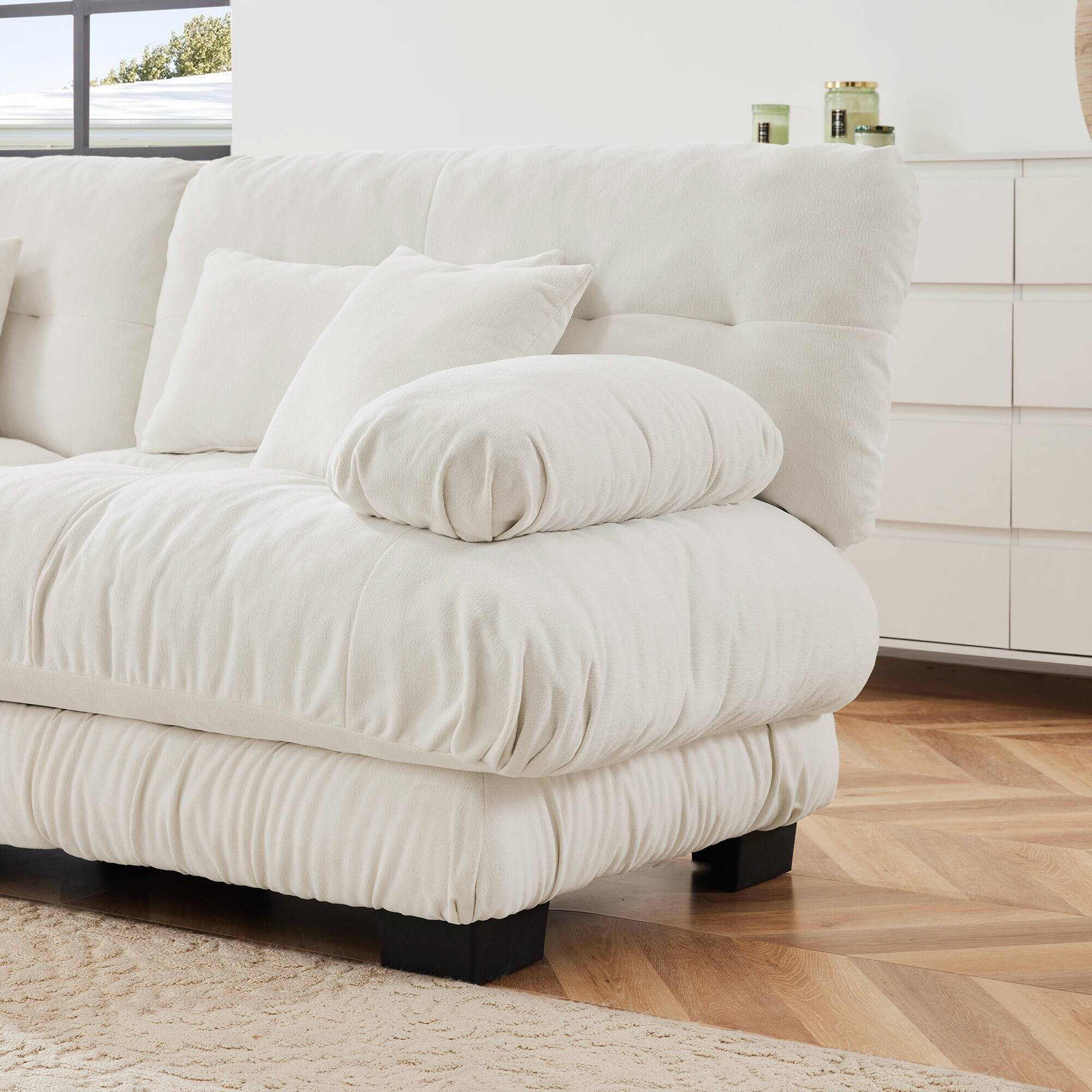 Alt View 1. DOMETOUR - Cloud Couch 2 Seater Sofa with 2 Lumbar pillows and 2 throw pillows Upholstered Wide Arm Sofa with Convertible Ottoman - Chenille White.