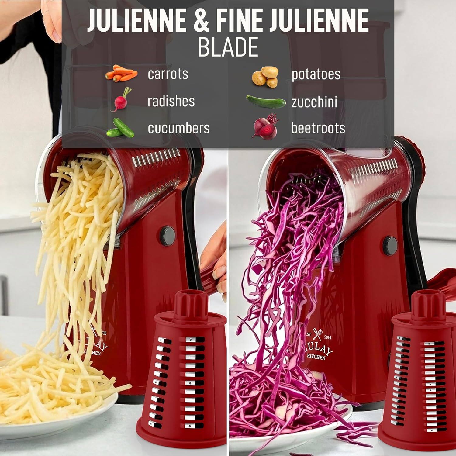 JULIENNE & FINE JULIENNE BLADE

carrots  
radishes  
cucumbers  
potatoes  
zucchini  
beetroots  

CULAY KITCHEN