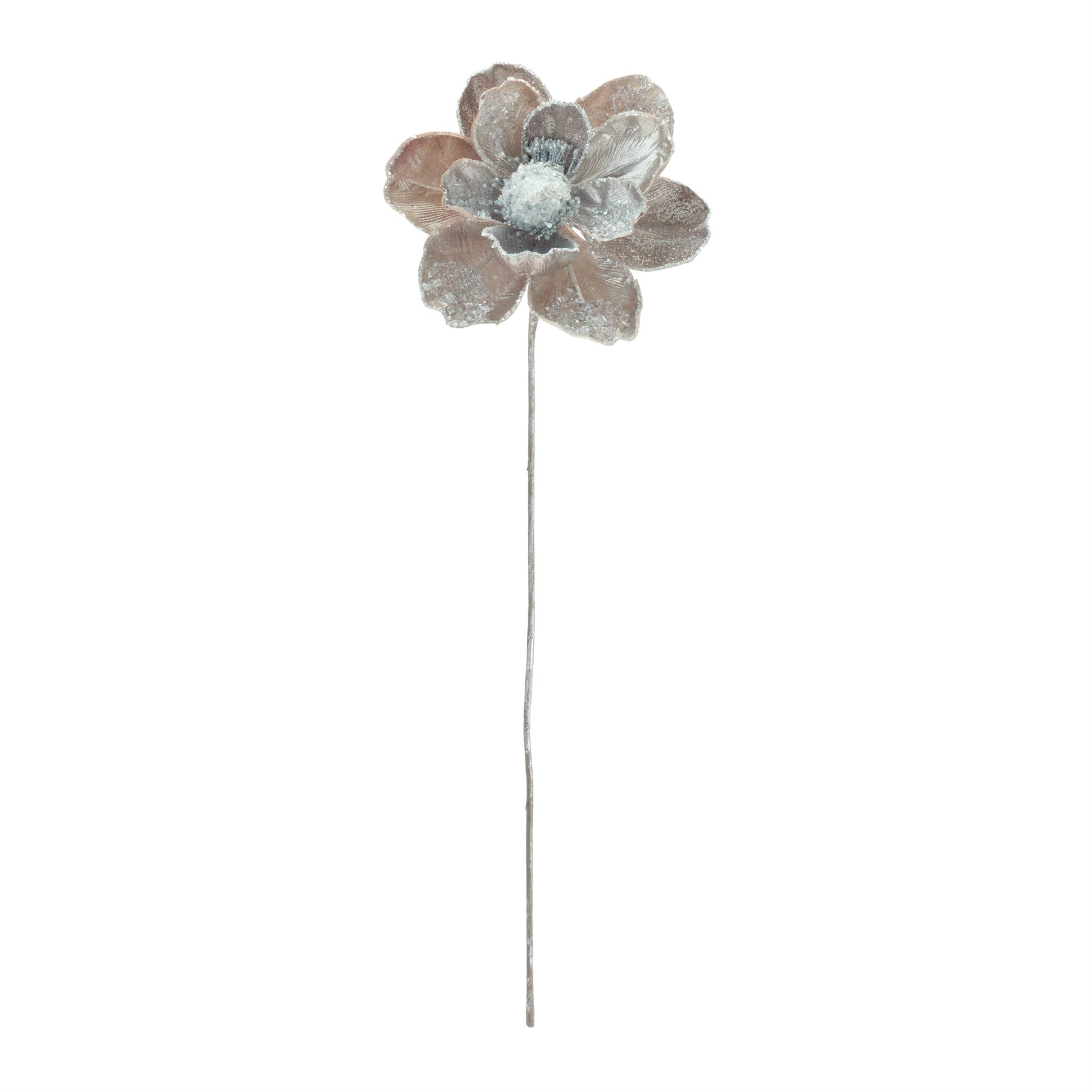 Angle. BreeBe - Beaded Silver Magnolia Flower Stem (Set of 2) - Silver.