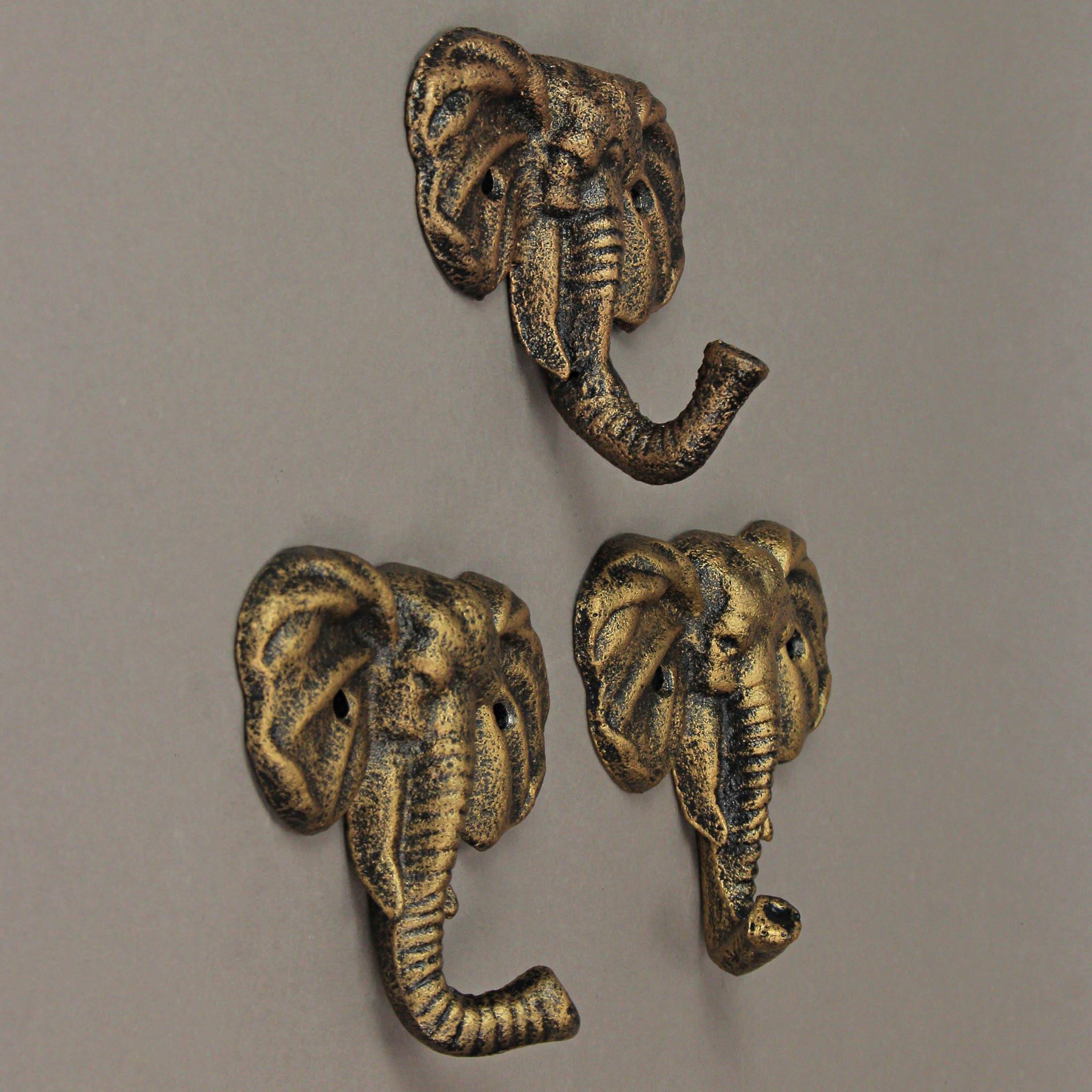 Alt View 2. Zeckos - 4 Inch Cast Iron Elephant Antique Gold Decorative Wall Hooks Coat Towel Set of 3 - Gold.
