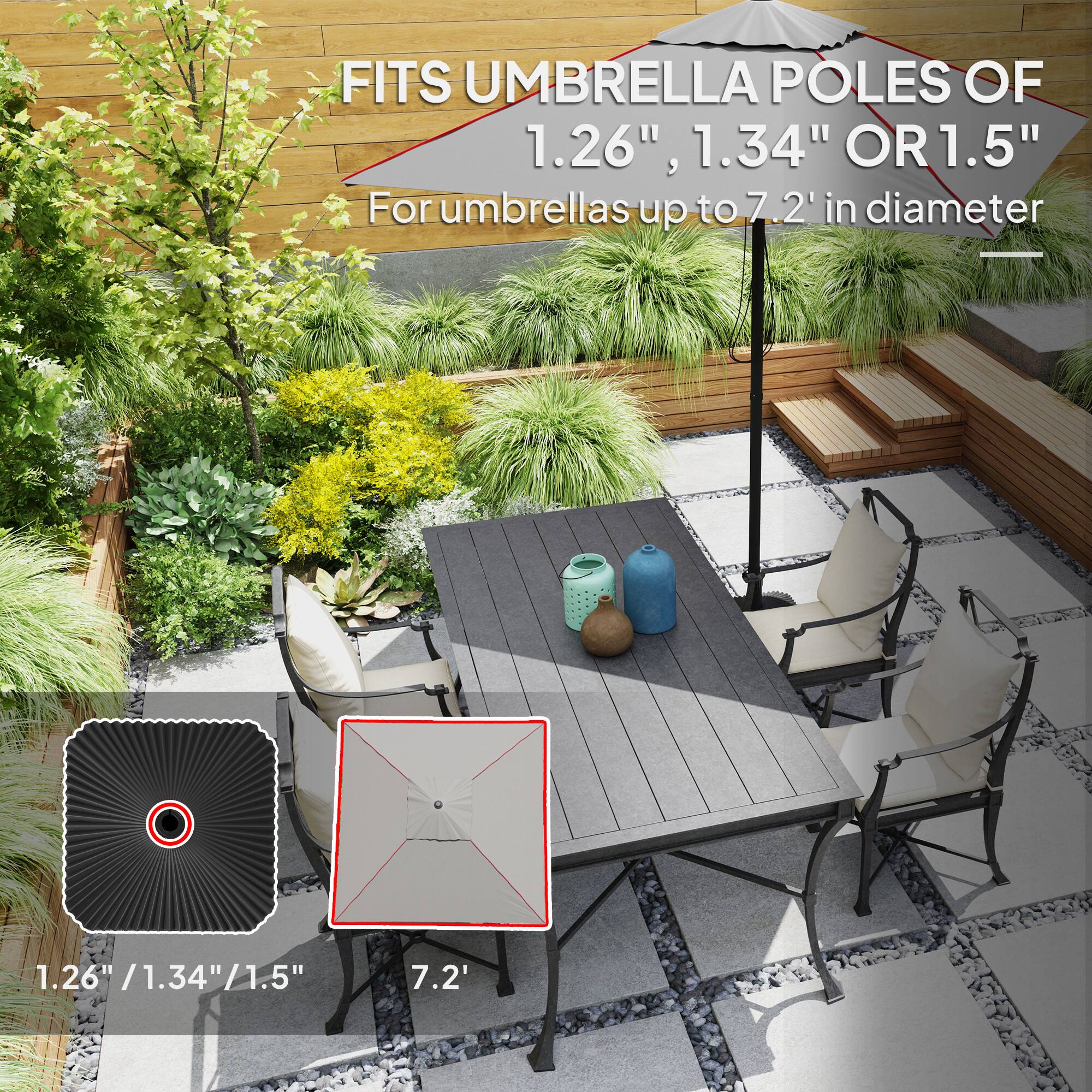 FITS UMBRELLA POLES OF 1.26", 1.34" OR 1.5"  
For umbrellas up to 7.2' in diameter  

1.26" / 1.34" / 1.5"  
7.2'