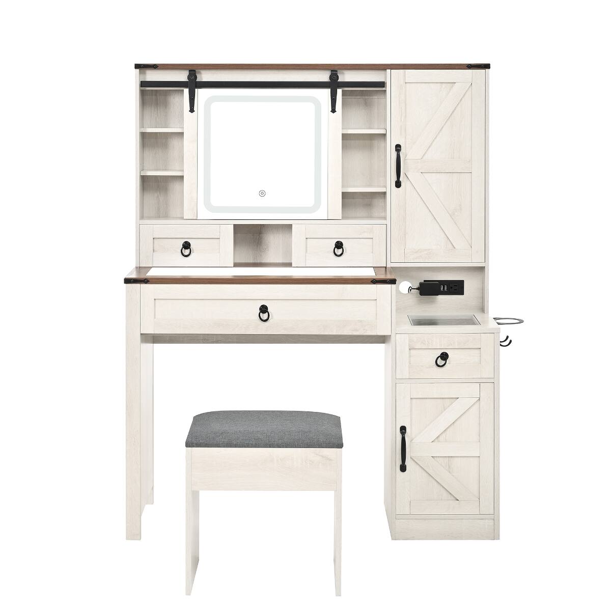 Alt View 6. Loheer - Loheer Farmhouse Vanity Desk with LED Mirror, Glass Top, Charging Station and Stool - White.