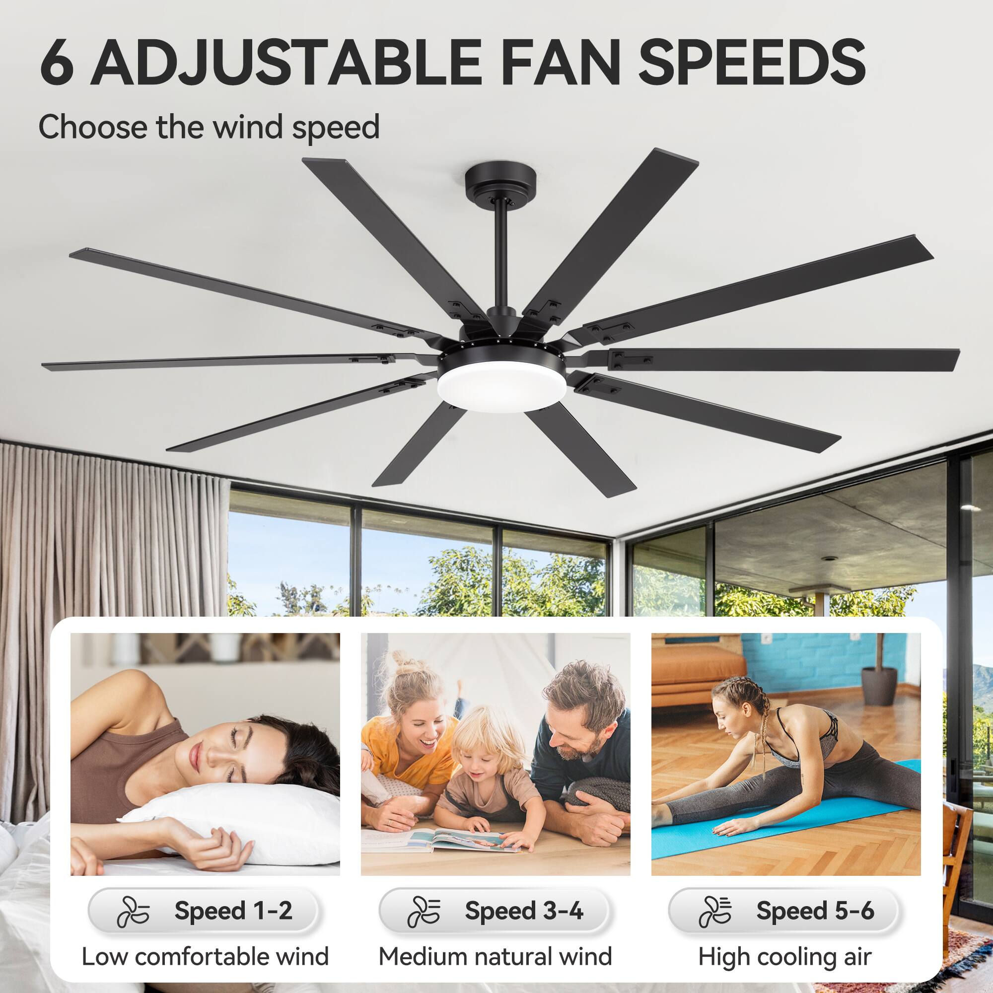 6 Adjustable Fan Speeds  
Choose the wind speed  

Speed 1-2  
Low comfortable wind  

Speed 3-4  
Medium natural wind  

Speed 5-6  
High cooling air
