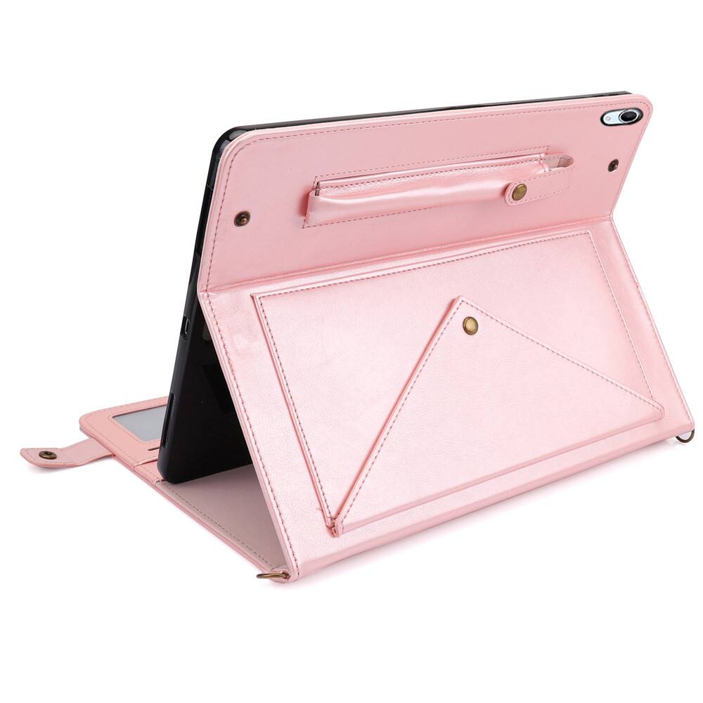 Back. Dteck - Crossbody Handbag Wallet Case Apple iPad (A16) 11" 2025/10th ,Shockproof Leather Card Slot Hand Strap Folio Cover Strap - Rosegold.
