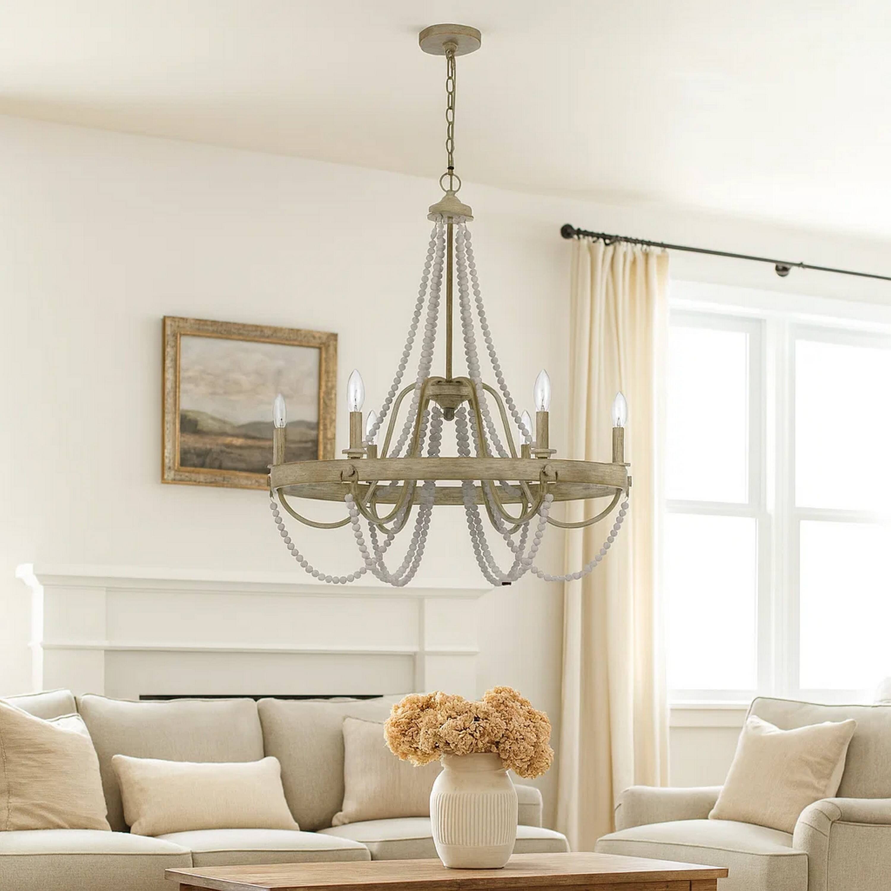 Alt View 2. Manhattan Lane - Maci 28 Inch Chandelier, White Beaded Candelabra Design, Wood - Brown, White.