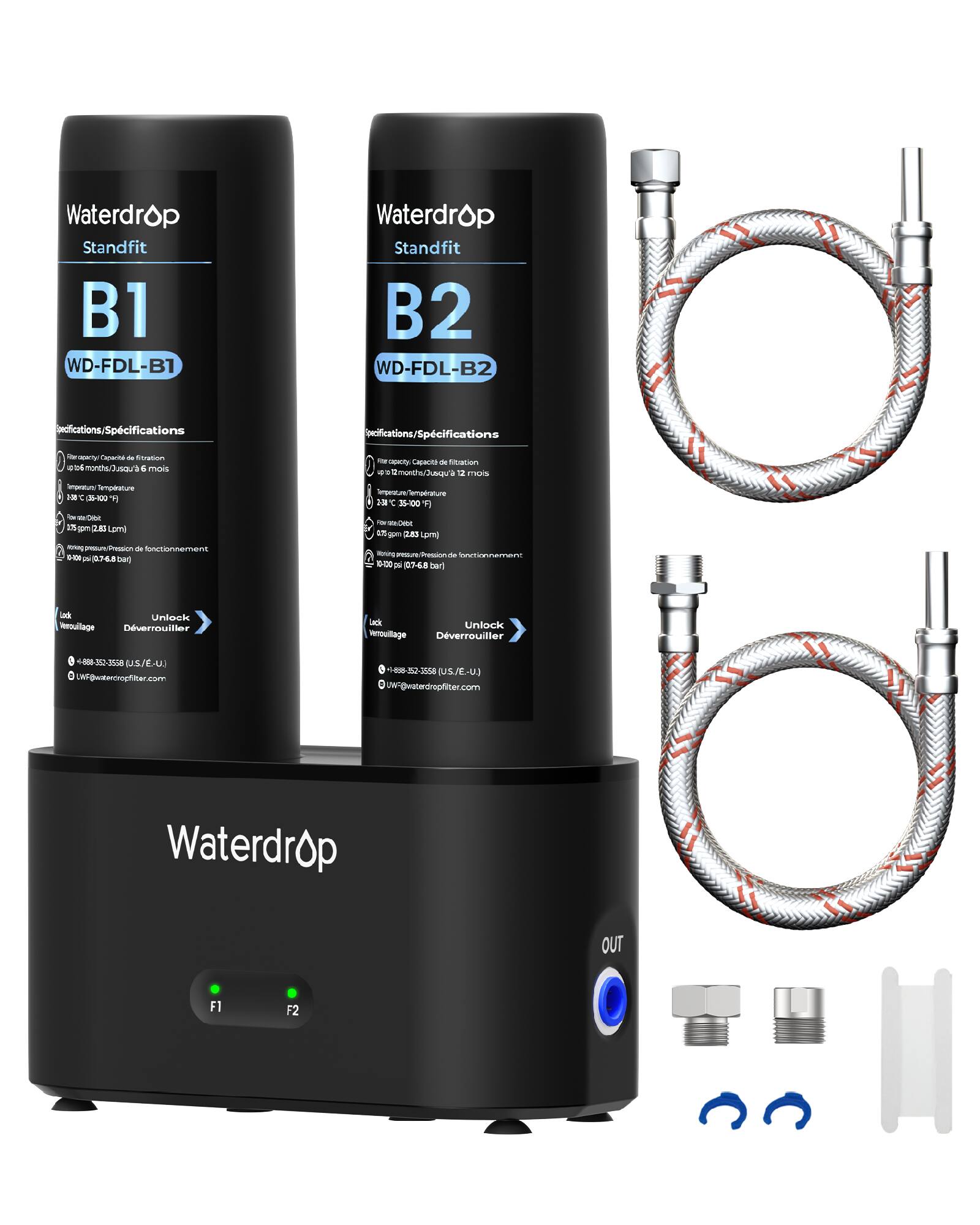 Waterdrop Standfit B1 WD-FDL-B1  
Waterdrop Standfit B2 WD-FDL-B2  

Specifications/Spcifications  
- Flow rate (Capacité de filtration): up to 1050 L/month (1050 L/mois)  
- Temperature (Température): 32°F - 104°F (0°C - 40°C)  
- Flow rate (Débit): 3.5 gpm (13.2 L/min)  
- Operating pressure (Pression de fonctionnement): 1-100 psi (0.07-6.8 bar)  

Lock verrouillage  
Unlock déverrouiller  

- 488-335-3558 (U.S./E.U.)  
- UWF@waterdropfilter.com  

Waterdrop OUT F1 F2