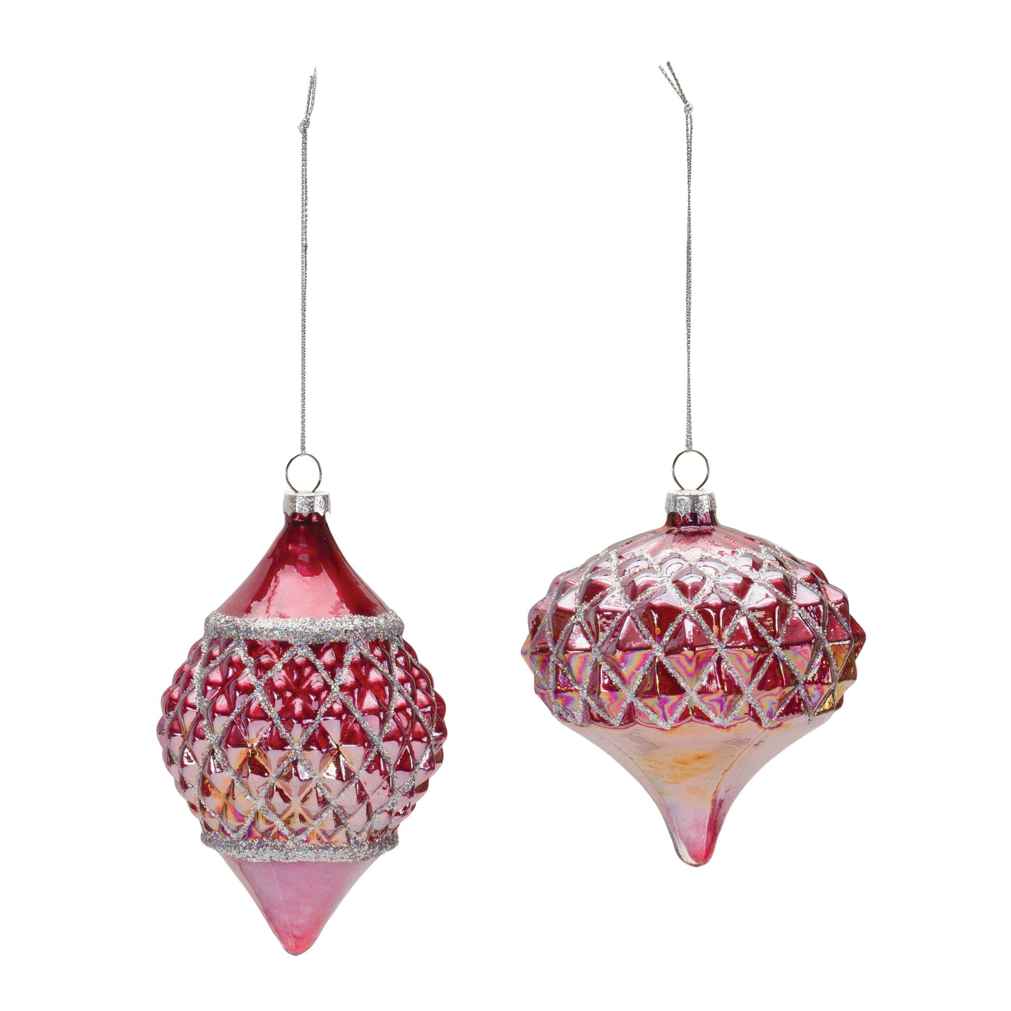 Angle. BreeBe - Irredescent Glass Ornament (Set of 6) - Red, Silver.
