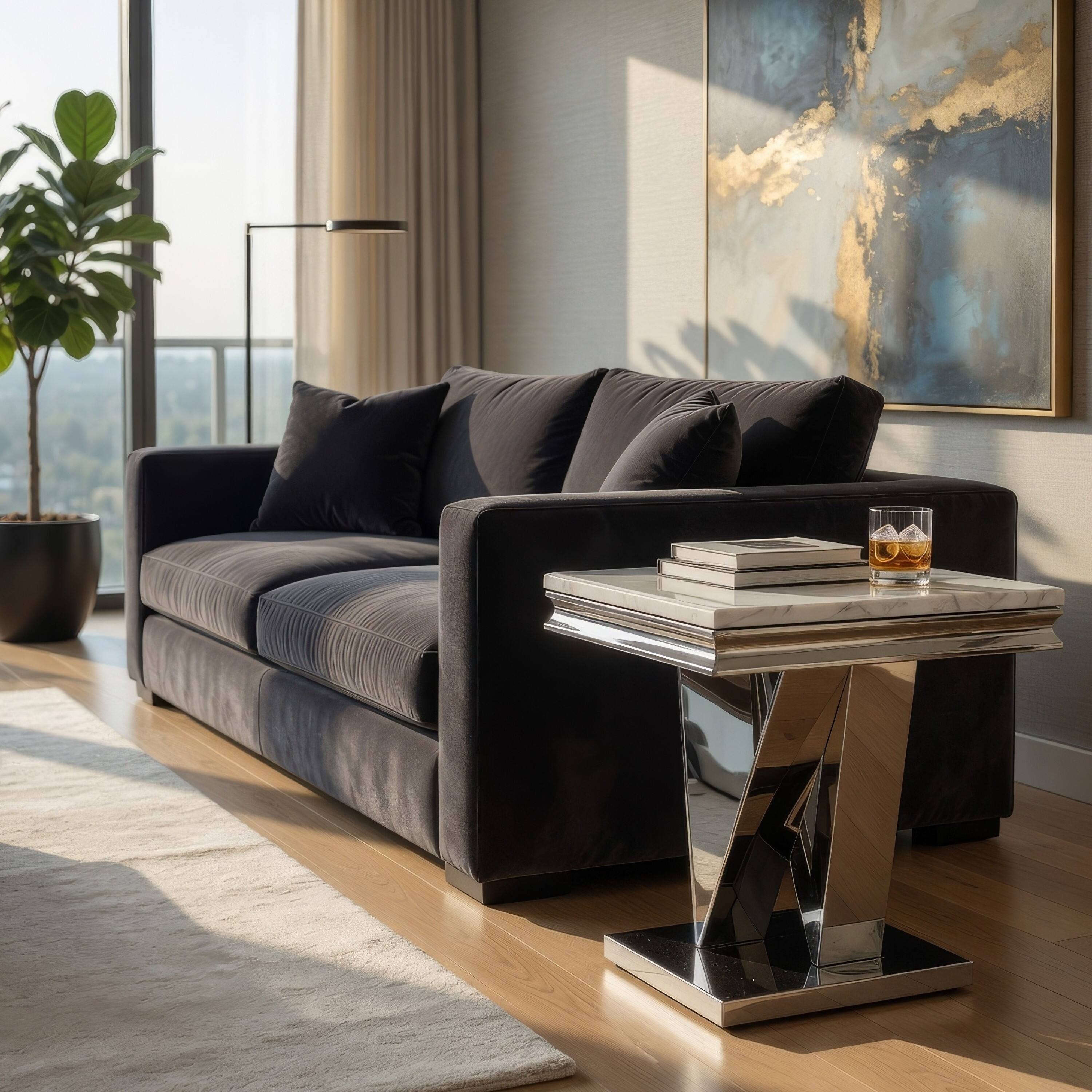 Alt View 6. Manhattan Lane - Vily Side End Table, 24 Inch Faux Marble Top, V-Style Chrome Pedestal - White, Chrome.