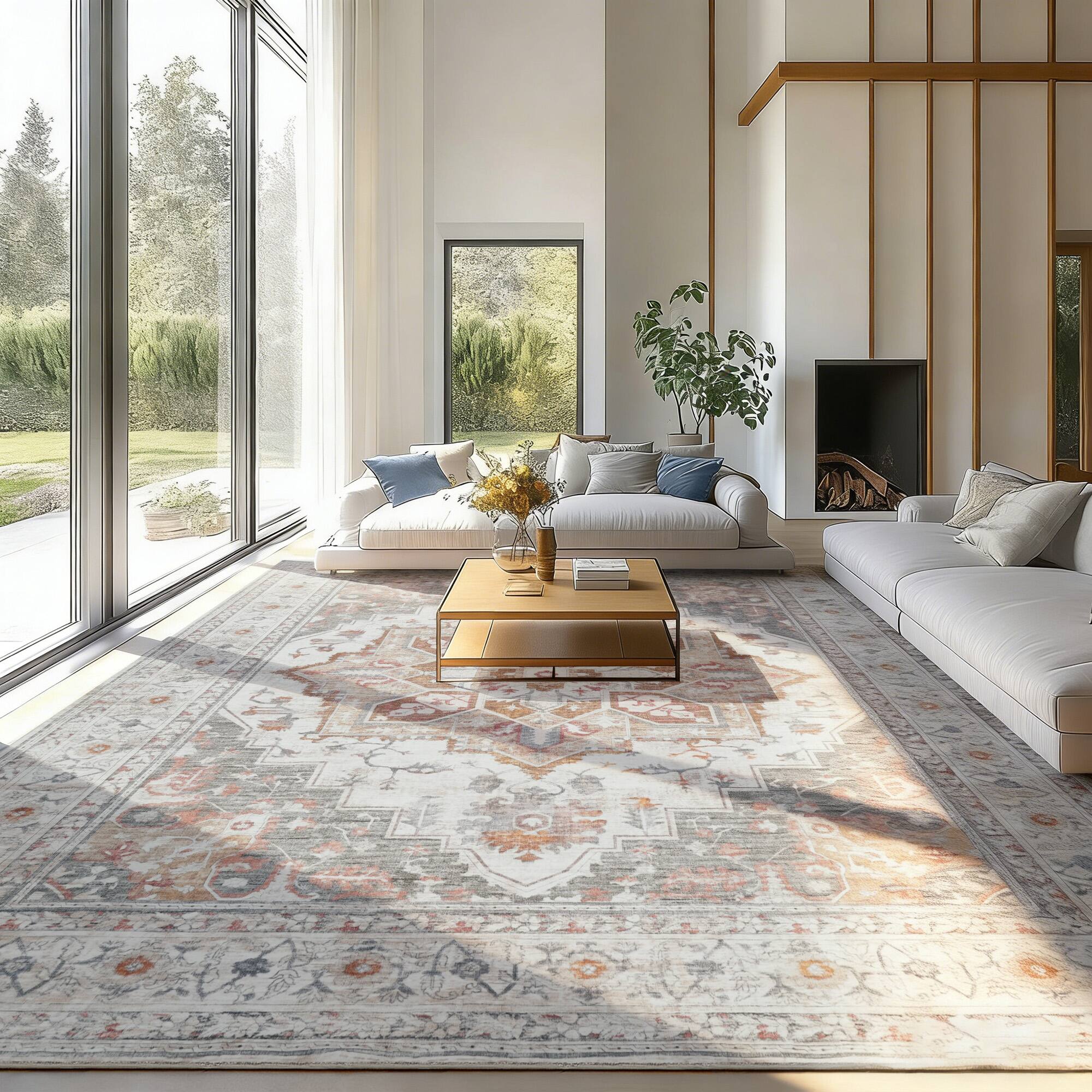 Front. RYHNUYNE - 9x12 Area Rugs for Living Room,Orange Vintage Large Area Rug, Washable Stain Resistant Carpet,Home Decor Rug for Office - Orange-Gray.