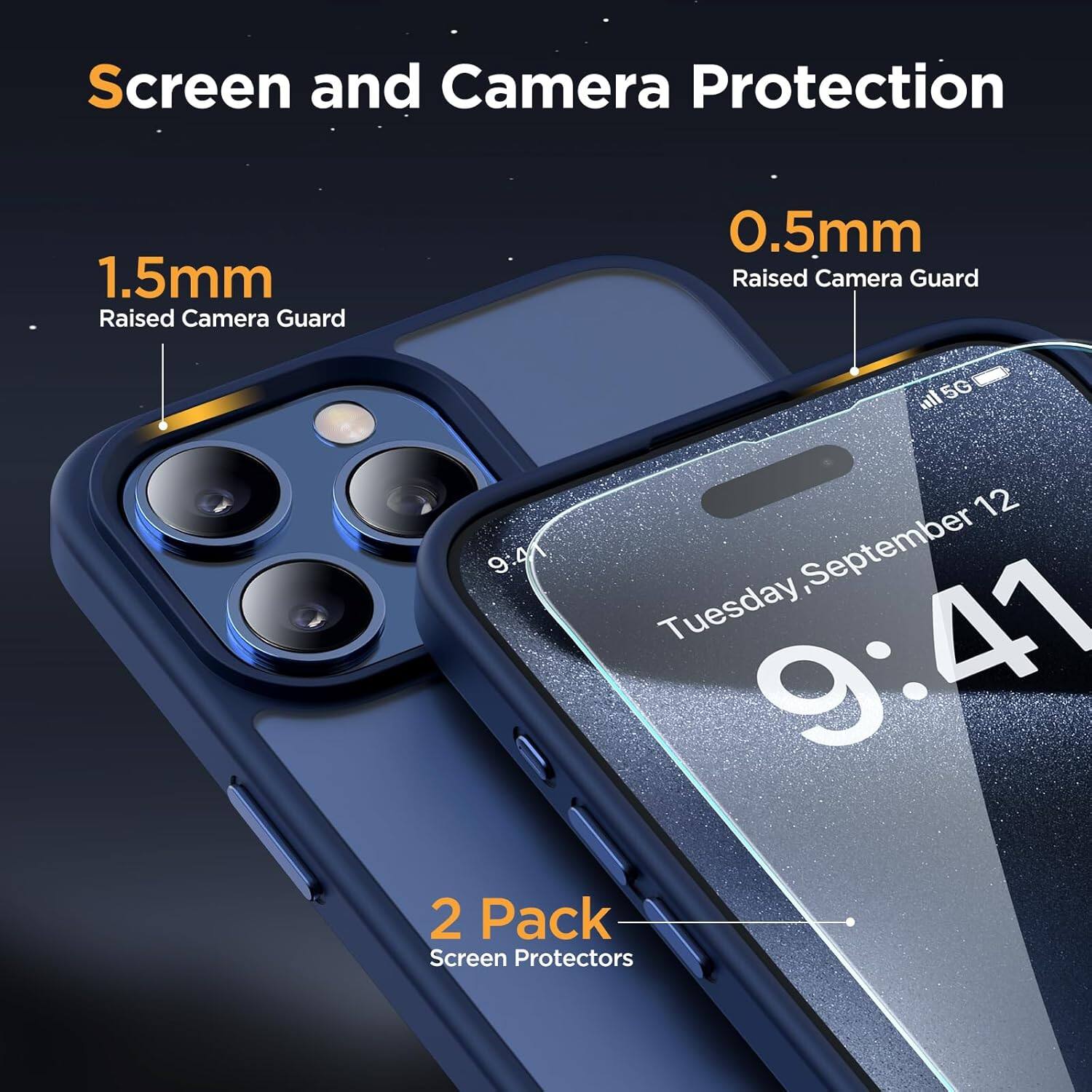 Screen and Camera Protection, 1.5mm Raised Camera Guard, 0.5mm Raised Camera Guard, 2 Pack Screen Protectors