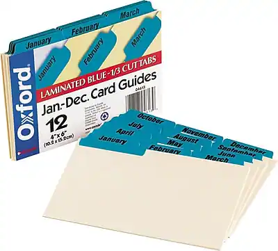 Oxford
LAMINATED BLUE-1/3 CUT TABS
Jan-Dec. Card Guides
12
4"x6" (10.2cm x 15.1cm)
January
February
March
April
May
June
July
August
September
October
November
December