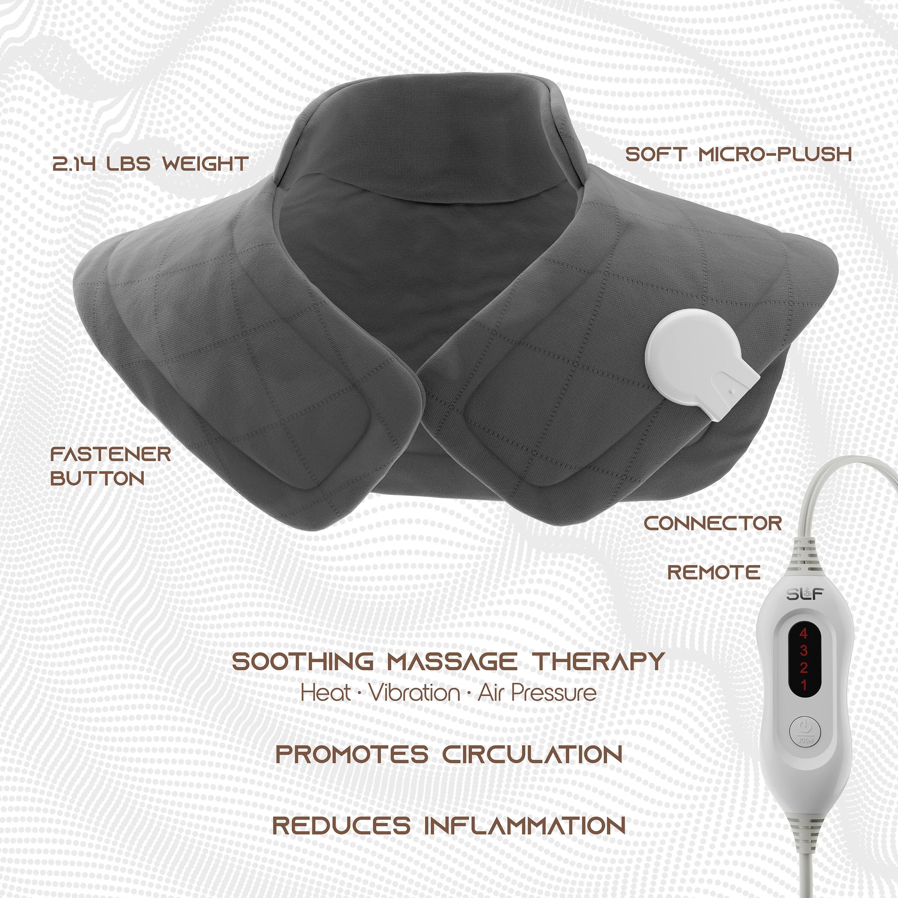 2.14 LBS WEIGHT  
SOFT MICRO-PLUSH  
FASTENER BUTTON  
CONNECTOR  
REMOTE  

SOOTHING MASSAGE THERAPY  
Heat • Vibration • Air Pressure  

PROMOTES CIRCULATION  
REDUCES INFLAMMATION