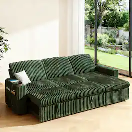 Vipbear - 101” L Shaped Sectional Sleeper Sofa Bed with Pull Out Bed, with Reversible Storage Chaise/USB Ports/Cup Holders - Green