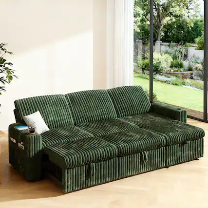 Front. Vipbear - 101” L Shaped Sectional Sleeper Sofa Bed with Pull Out Bed, with Reversible Storage Chaise/USB Ports/Cup Holders - Green.