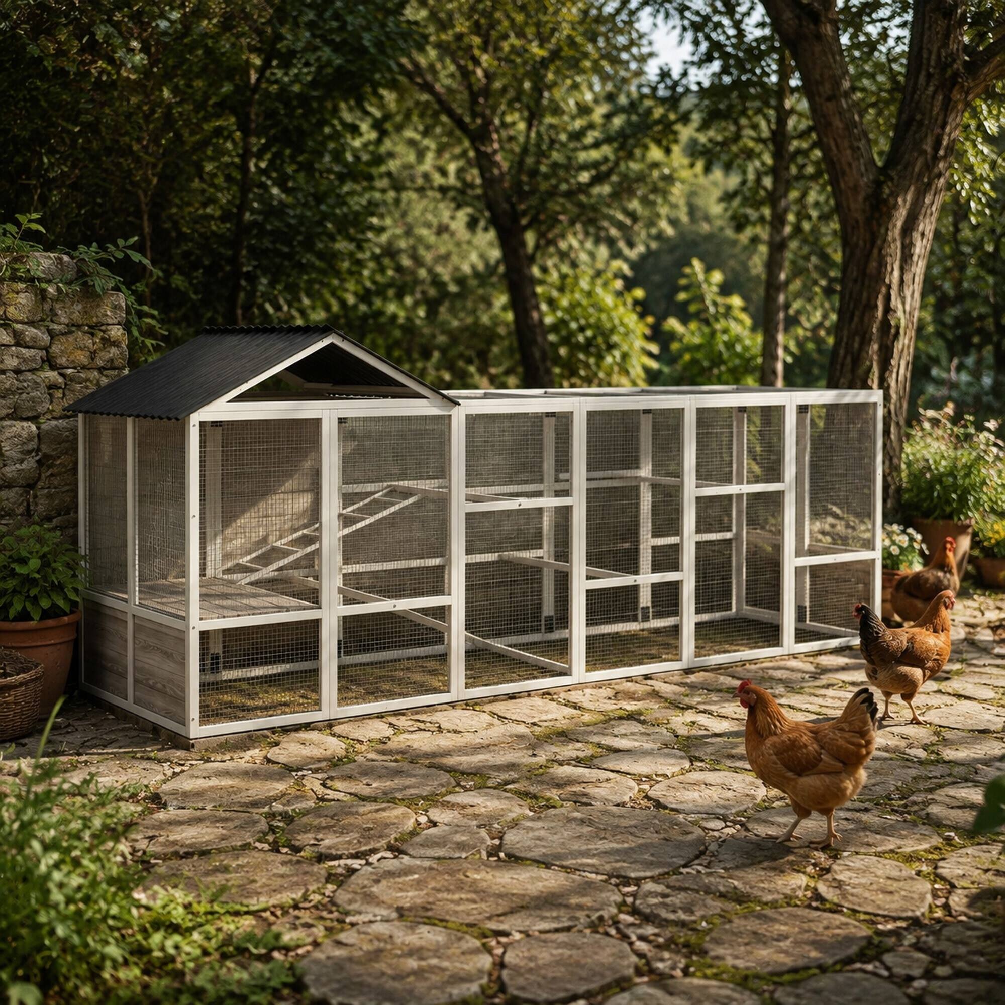 Angle. RYHNUYNE - Wooden Chicken Coop Run, 141.75 in x 48 in x 61 in, Fir Wood and Metal, 2-Tier Perches, Storage, for 6-10 Chickens.
