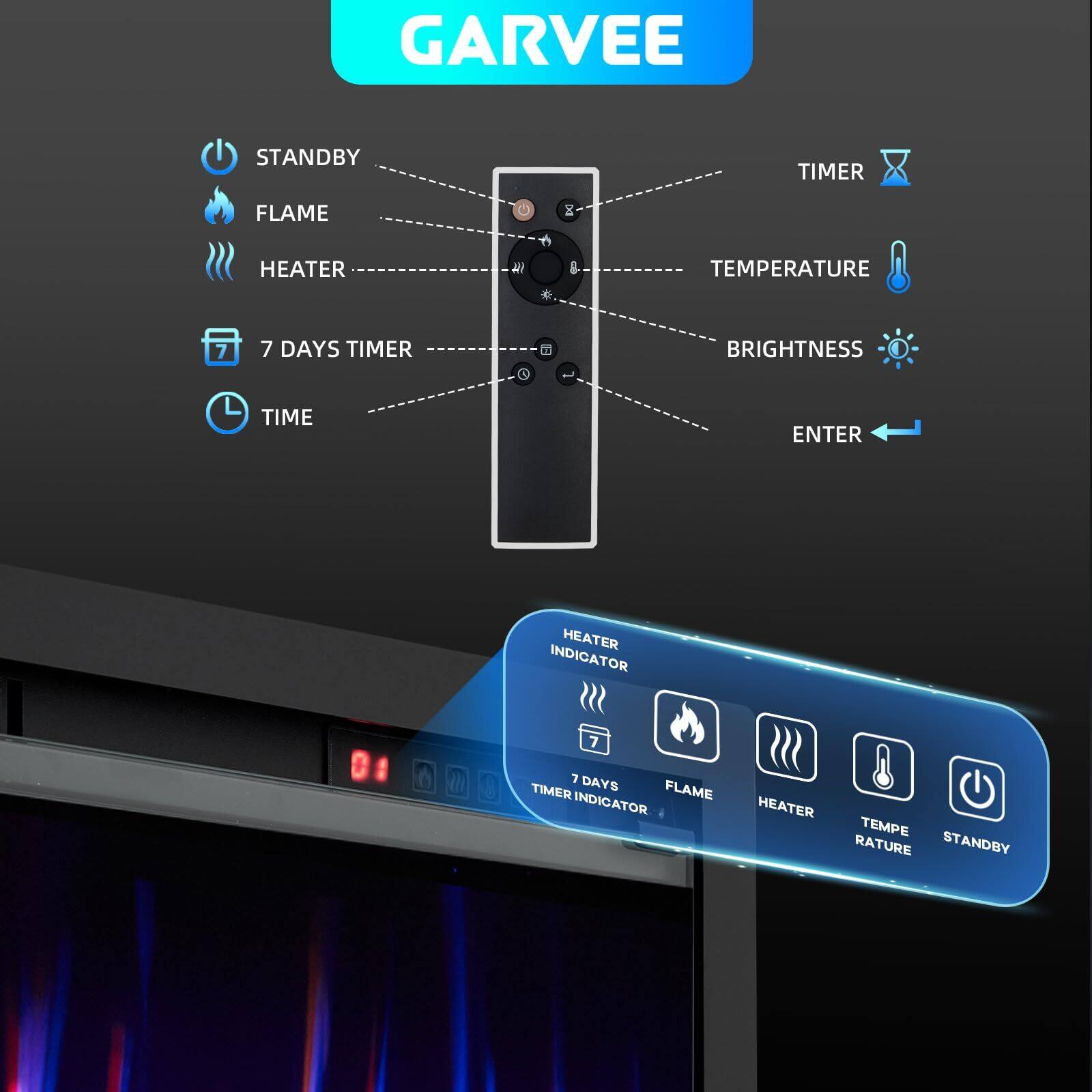 GARVEE

- STANDBY
- FLAME
- HEATER
- 7 DAYS TIMER
- TIME
- TIMER
- TEMPERATURE
- BRIGHTNESS
- ENTER

HEATER INDICATOR
- 7 DAYS TIMER INDICATOR
- FLAME
- HEATER
- TEMPERATURE
- STANDBY