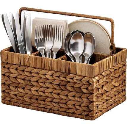 Front. Best Choice Products - Best Choice Products Utensil Caddy w/Handle - 4 Compartments, Wicker Utensil Silverware Flatware Organizer - Chestnut - Chestnut.