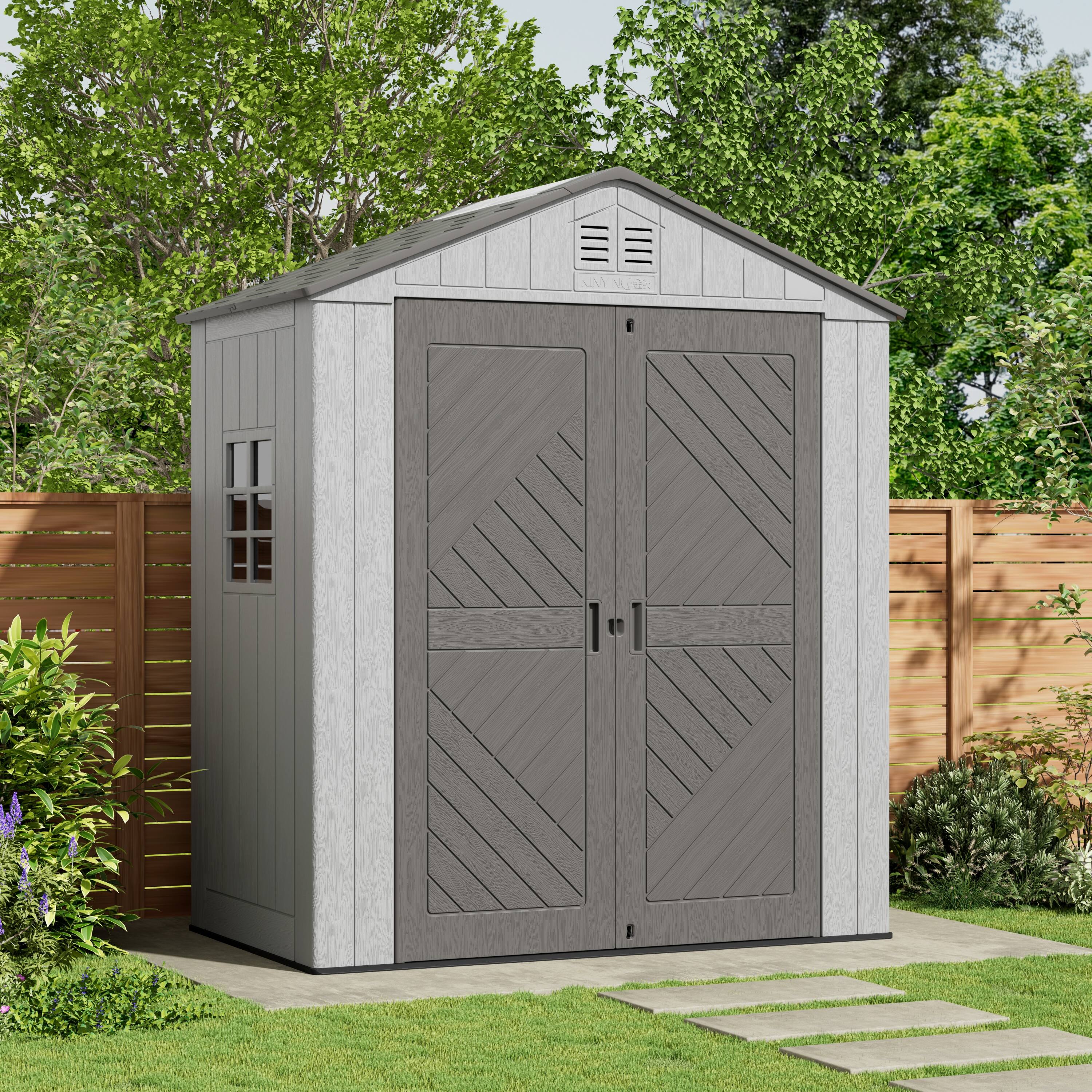 Angle. Yardgrace - 20 sq 6x4 ft. Outdoor Resin Storage Shed, Weatherproof Durable Tool Shed, Lockable with Floor and Window - Grey.