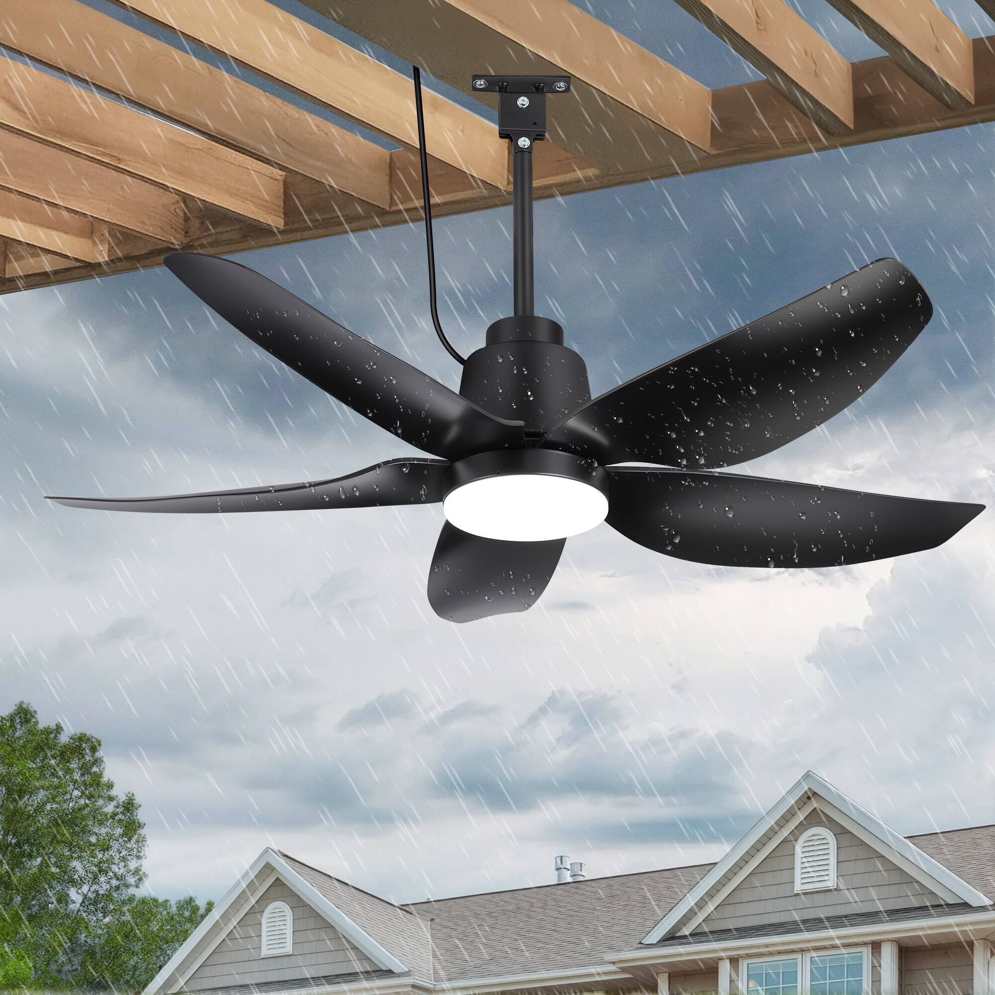 Left. Breezary - 42-In Outdoor Waterproof LED Ceiling Fan with Light, ABS Blades, Remote Control, DC Motor, 6" & 10" Downrods - matte black.