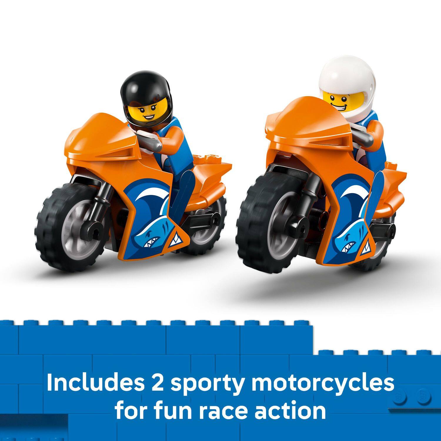 Includes 2 sporty motorcycles for fun race action