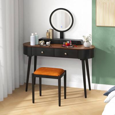 Costway Solid Wood Makeup Vanity Desk Set with LED Lighted Mirror Drawers Cushioned Stool Black + Brown Rubber one_size | HCST00887 Costway Solid Wood Makeup Vanity Desk Set with LED Lighted Mirror Drawers Cushioned Stool Black + Brown Rubber one_size | HCST00887