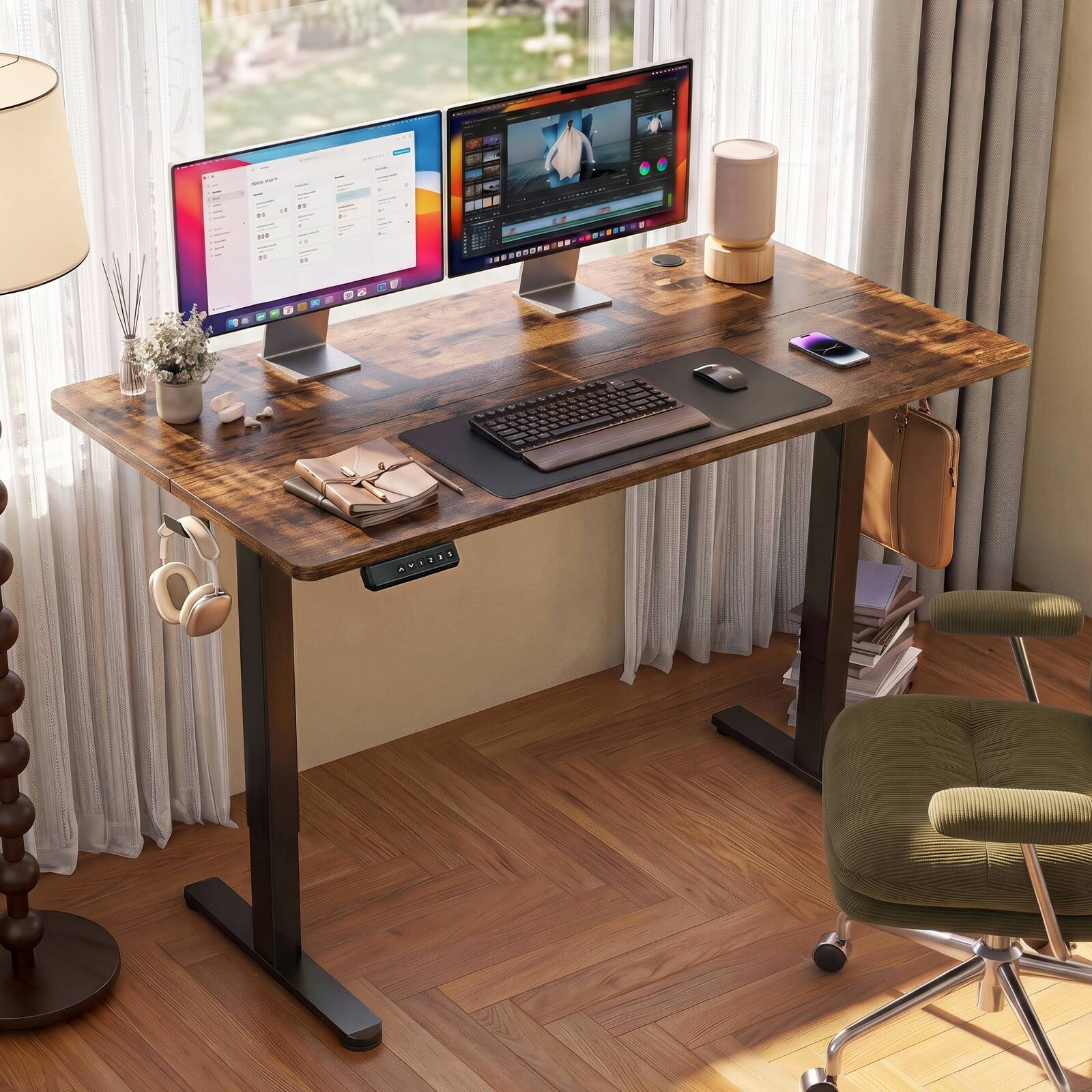 Alt View 3. Bestier - Electric Standing Desk - Height Adjustable Office Desk with LED Display, Hooks & Wire Holes - Brown.