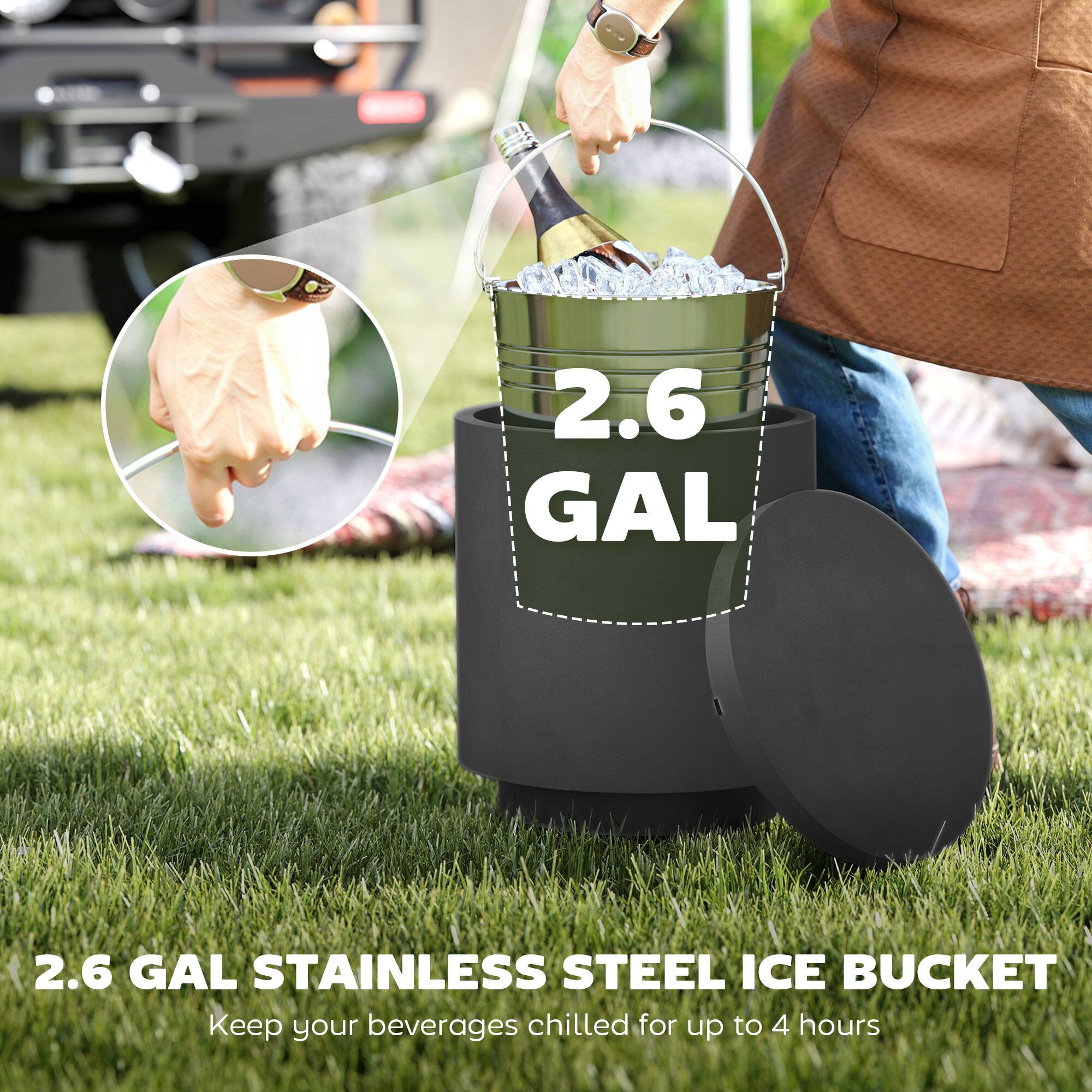 2.6 GAL, 2.6 GAL STAINLESS STEEL ICE BUCKET, Keep your beverages chilled for up to 4 hours