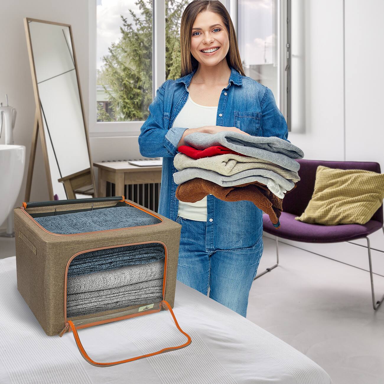 Alt View 4. Sorbus - Sorbus 1 Pack Storage Bins with Metal Frame, Foldable Clothes Organizer Bags, Fabric Containers with Window & Handle - Brown.