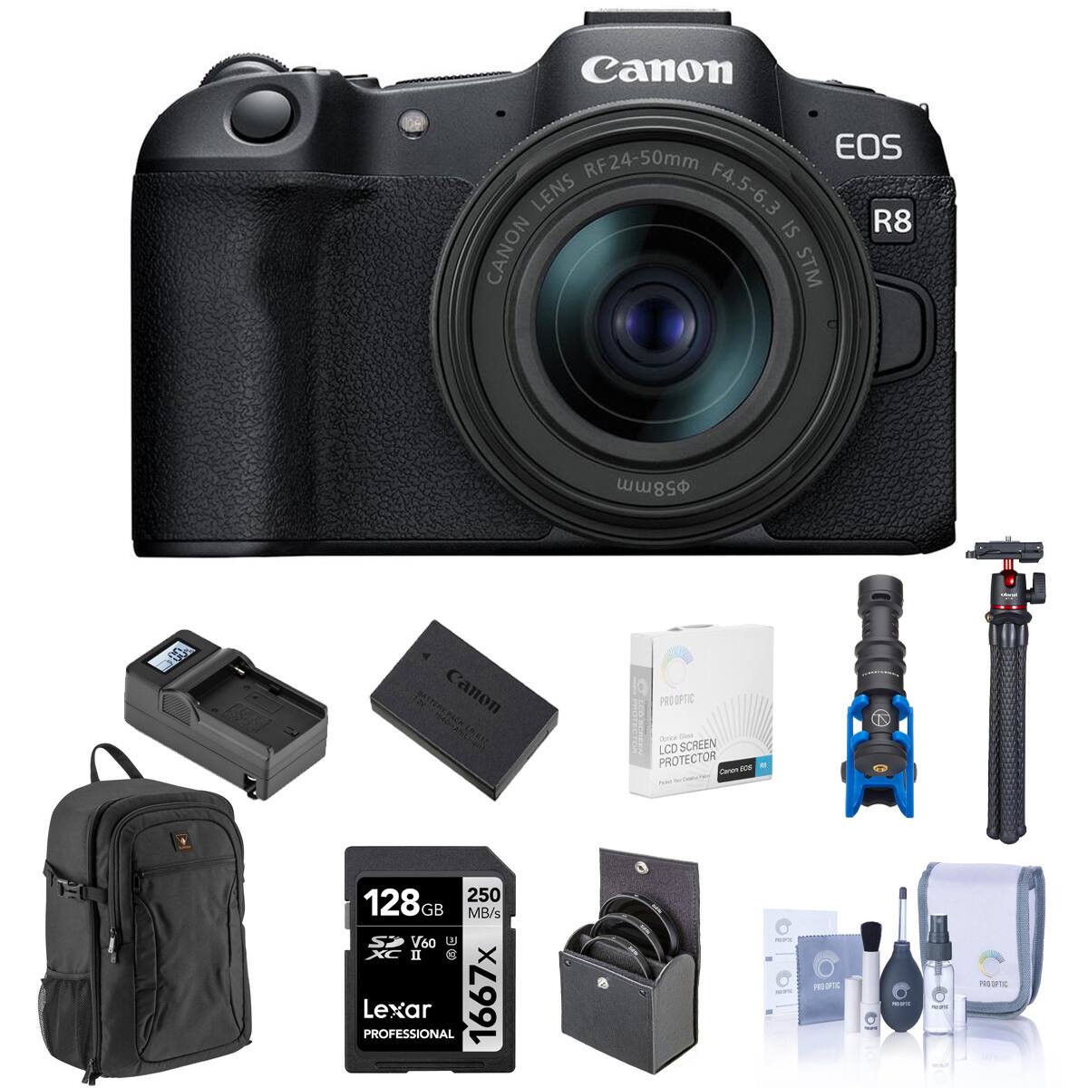 Canon EOS RF24-50mm LENS F4.5-6.3 IS R8 CANON STM

58mm

GAST Canon PACK LB-617

PRO OPTIC Contain Class LCD SCREEN PROTECTOR Cance SOS

250 128GB GB MB/s SD V60 U XC II X Lexar PROFESSIONAL 1667x

MPX : OFIC

SOFT

MEXIC

Follow

PROOPTC