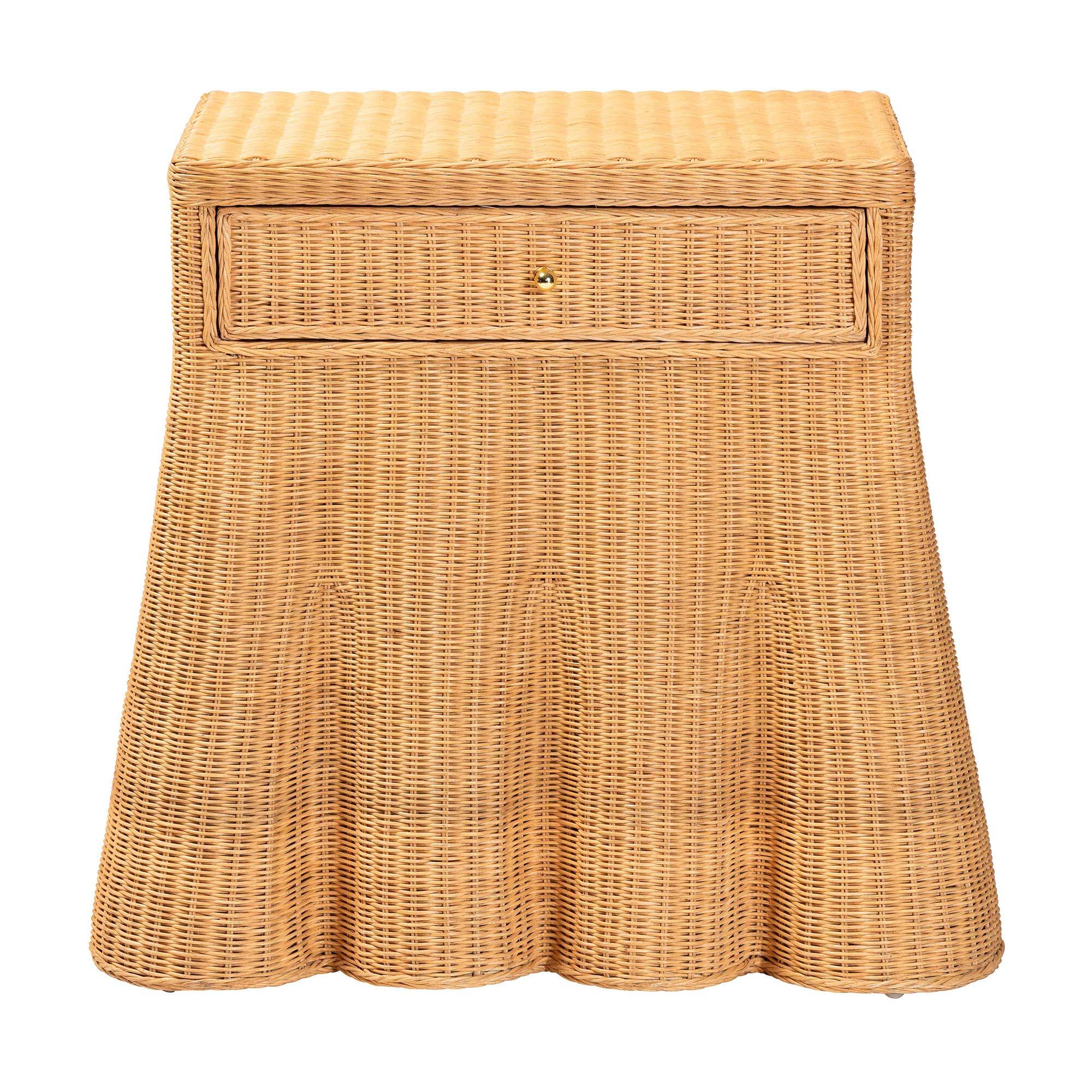 Left. bali & pari - Chica Scalloped Natural Rattan Console Table with Drawer - Handwoven Wicker Accent Table, Rectangle - Light Honey.