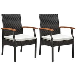Gymax - Set of 2 PE Wicker Chairs Acacia Wood Armrests w/ White Soft Zippered Cushion Patio - Mix Brown, White