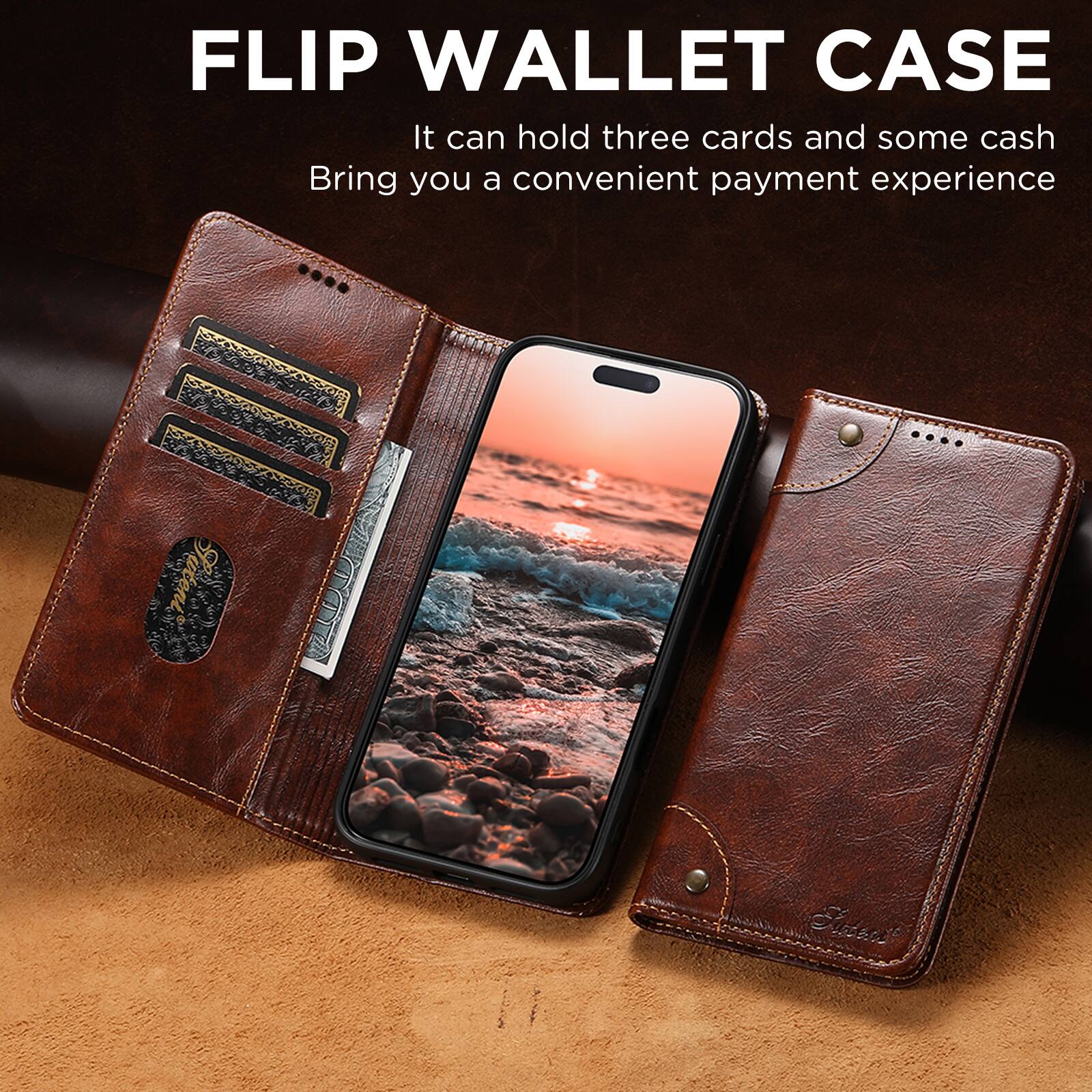 FLIP WALLET CASE  
It can hold three cards and some cash  
Bring you a convenient payment experience