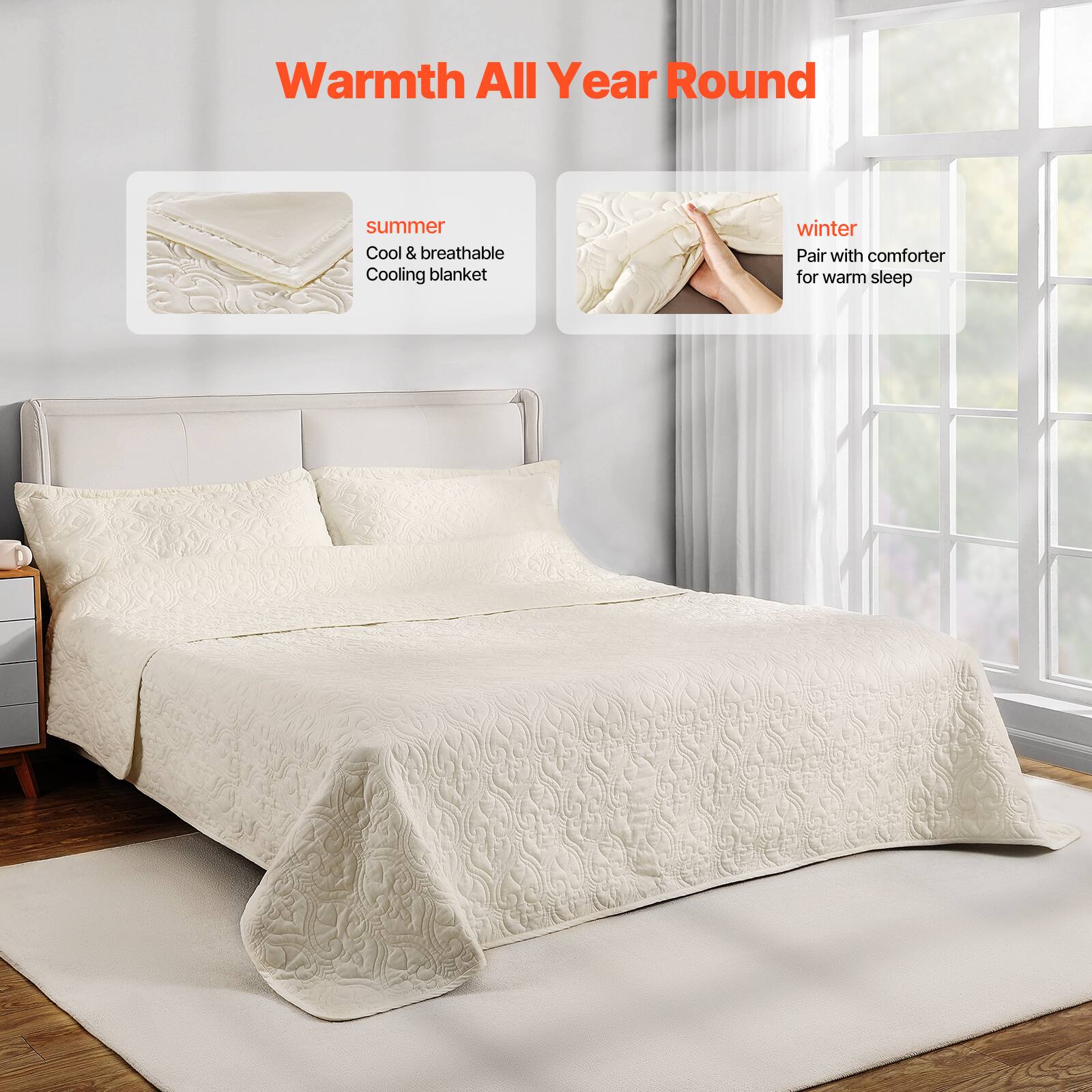 Warmth All Year Round

summer  
Cool & breathable Cooling blanket

winter  
Pair with comforter for warm sleep