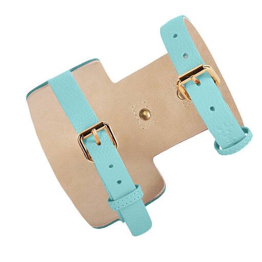Angle. PoisePup - Luxe Adjustable Leather Harness Vest, Soft with Bow and Crystal for Dogs - Teal.
