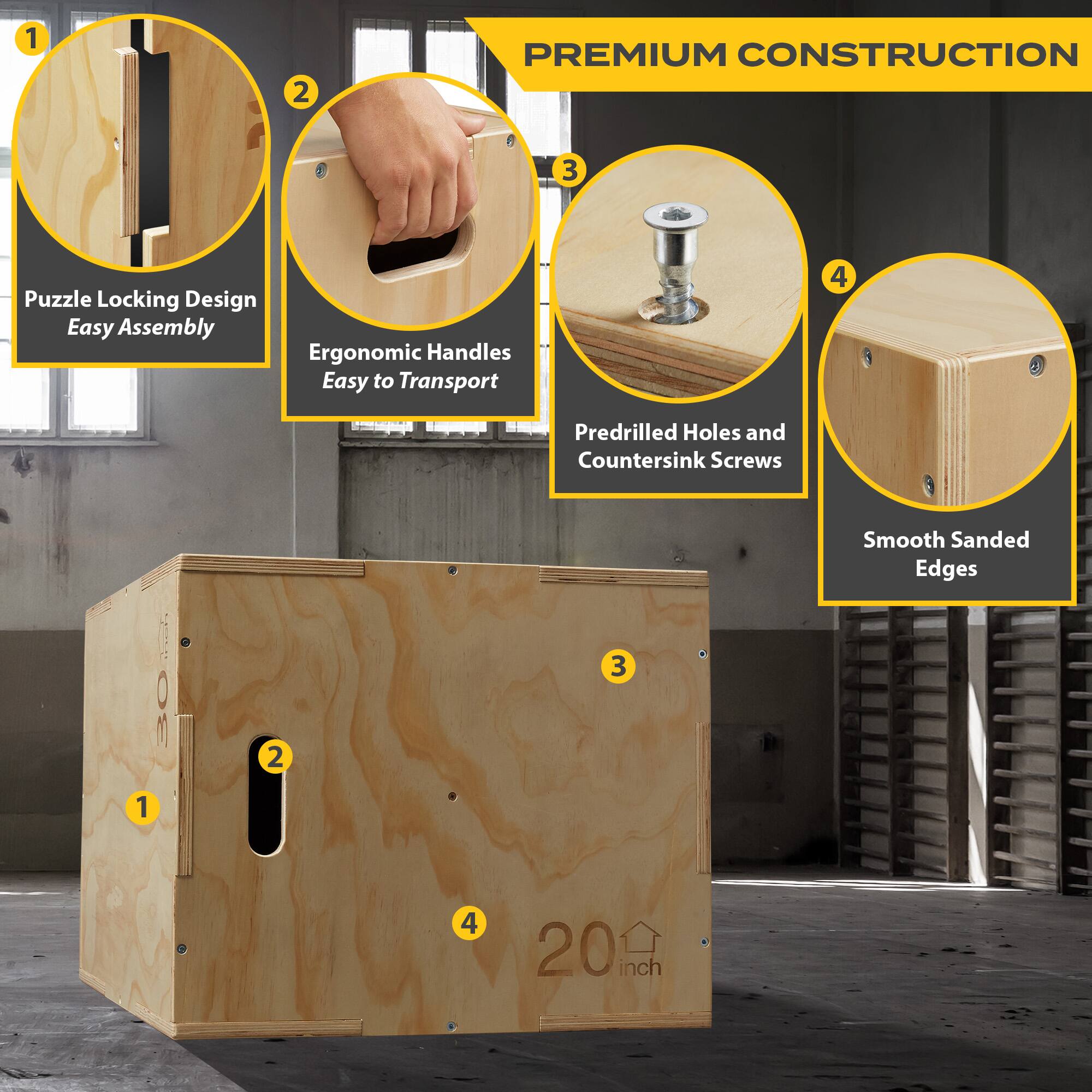1. PREMIUM CONSTRUCTION

2. Puzzle Locking Design
   Easy Assembly

3. Ergonomic Handles
   Easy to Transport

4. Predrilled Holes and Countersink Screws

5. Smooth Sanded Edges

6. 20 inch