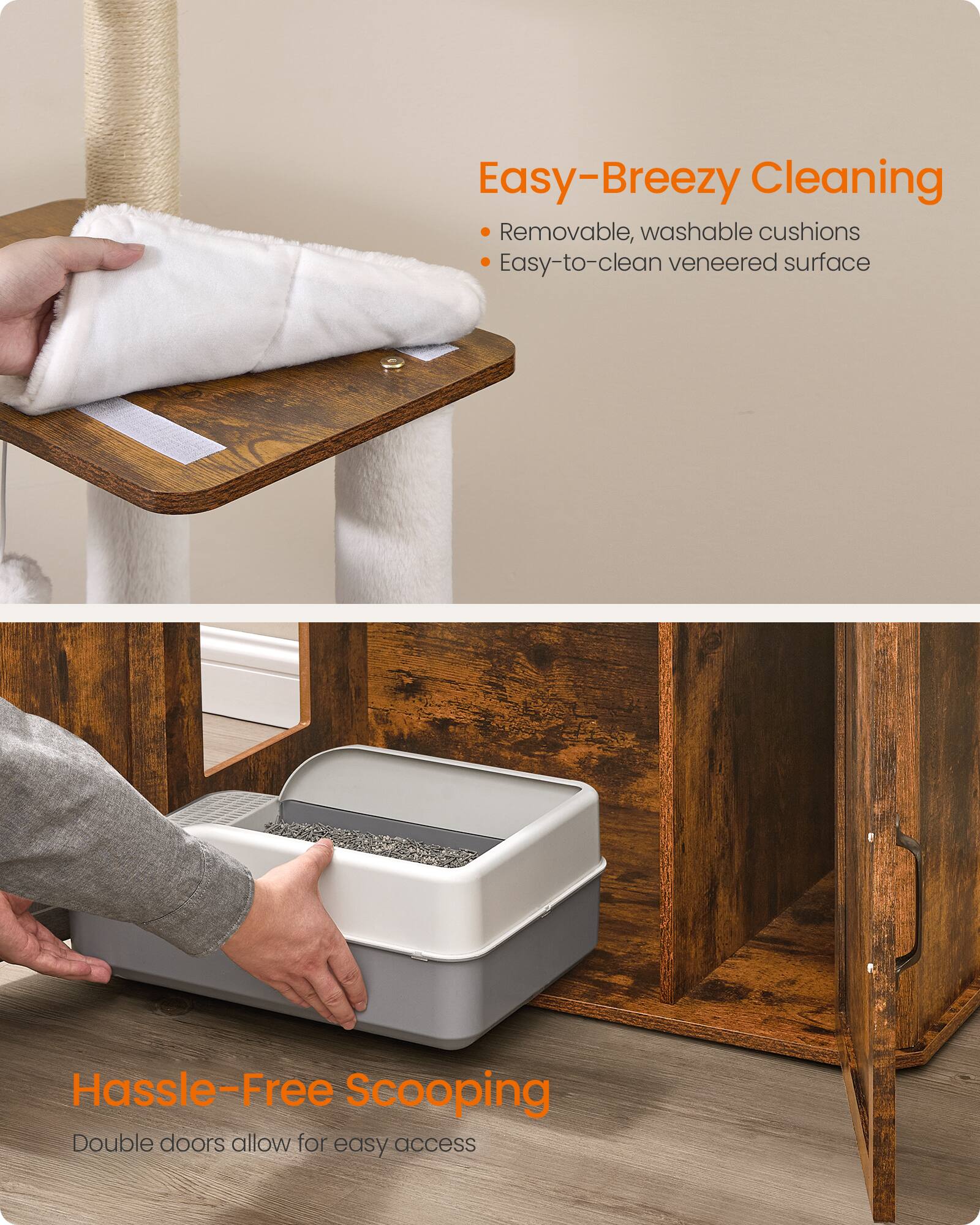 Easy-Breezy Cleaning  
- Removable, washable cushions  
- Easy-to-clean veneered surface  

Hassle-Free Scooping  
Double doors allow for easy access