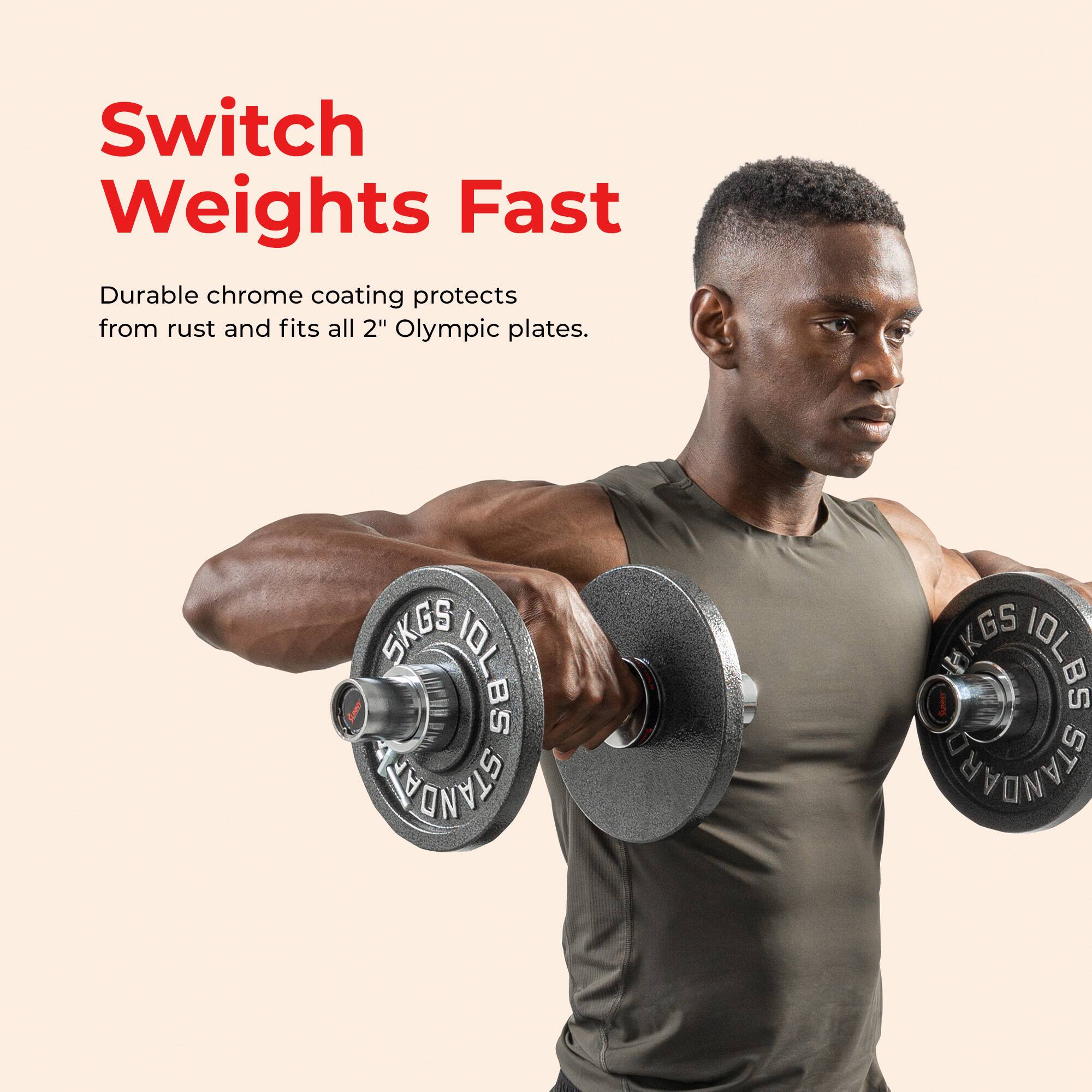 Switch Weights Fast

Durable chrome coating protects from rust and fits all 2" Olympic plates.