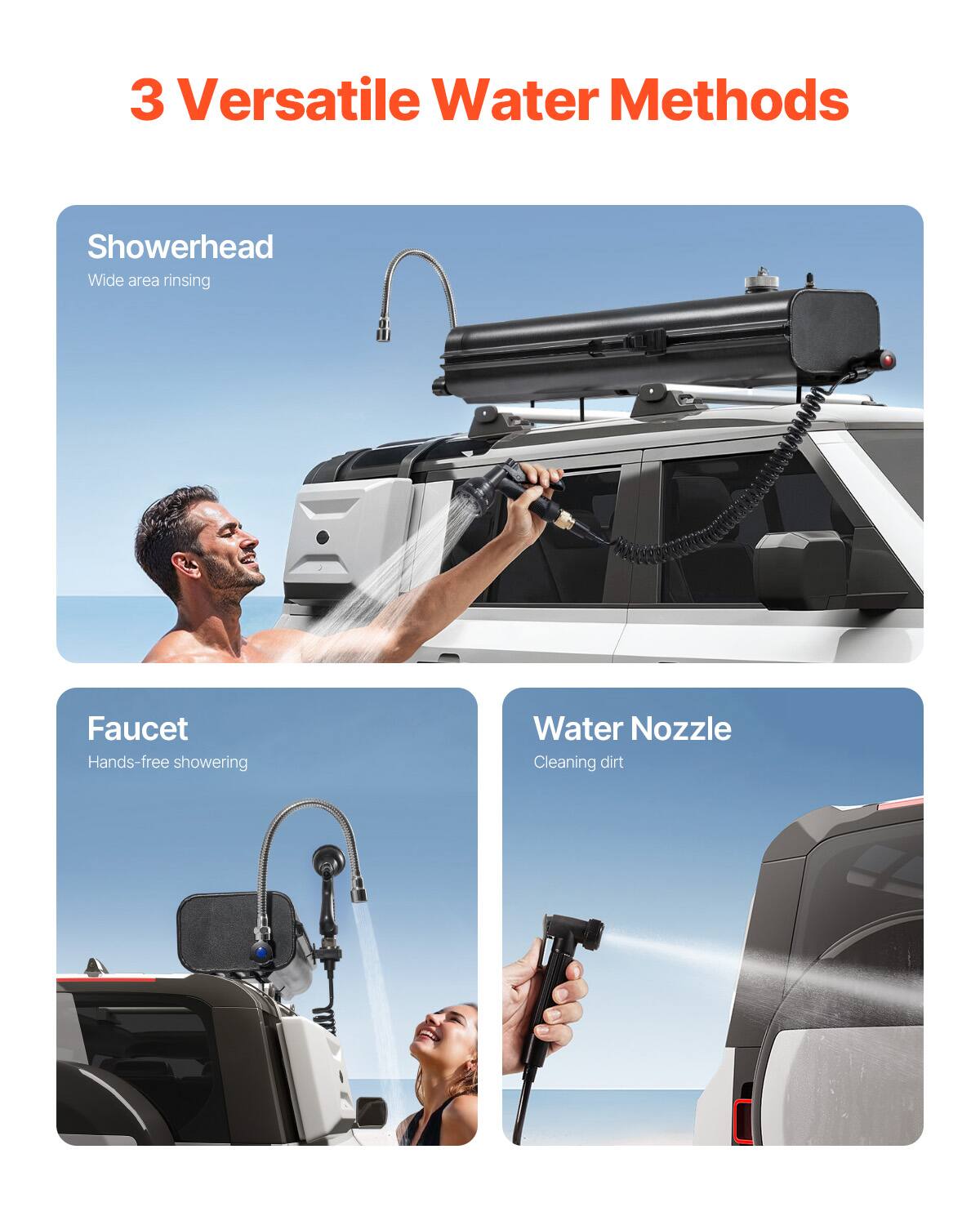 3 Versatile Water Methods

Showerhead
Wide area rinsing

Faucet
Hands-free showering

Water Nozzle
Cleaning dirt