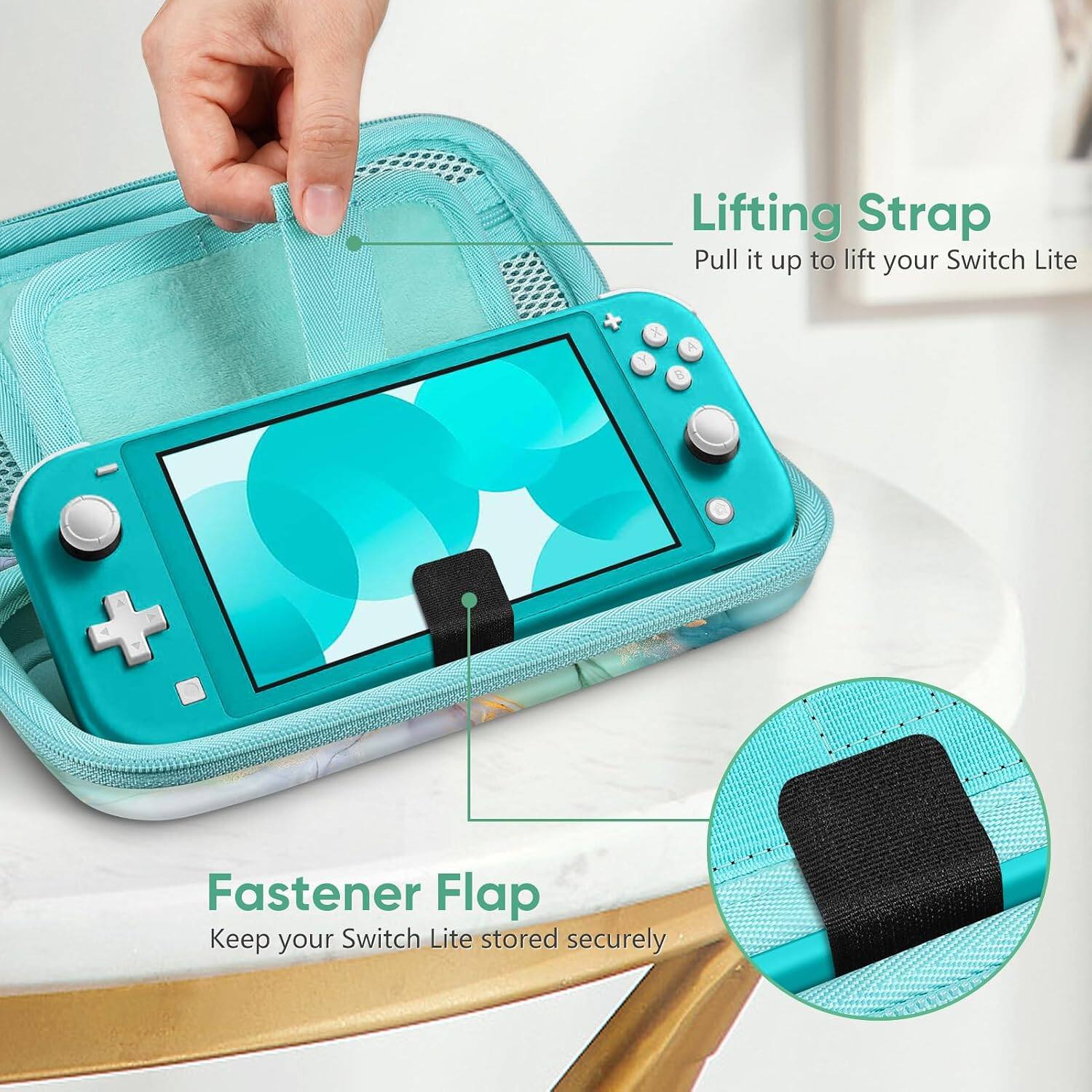Lifting Strap  
Pull it up to lift your Switch Lite

Fastener Flap  
Keep your Switch Lite stored securely