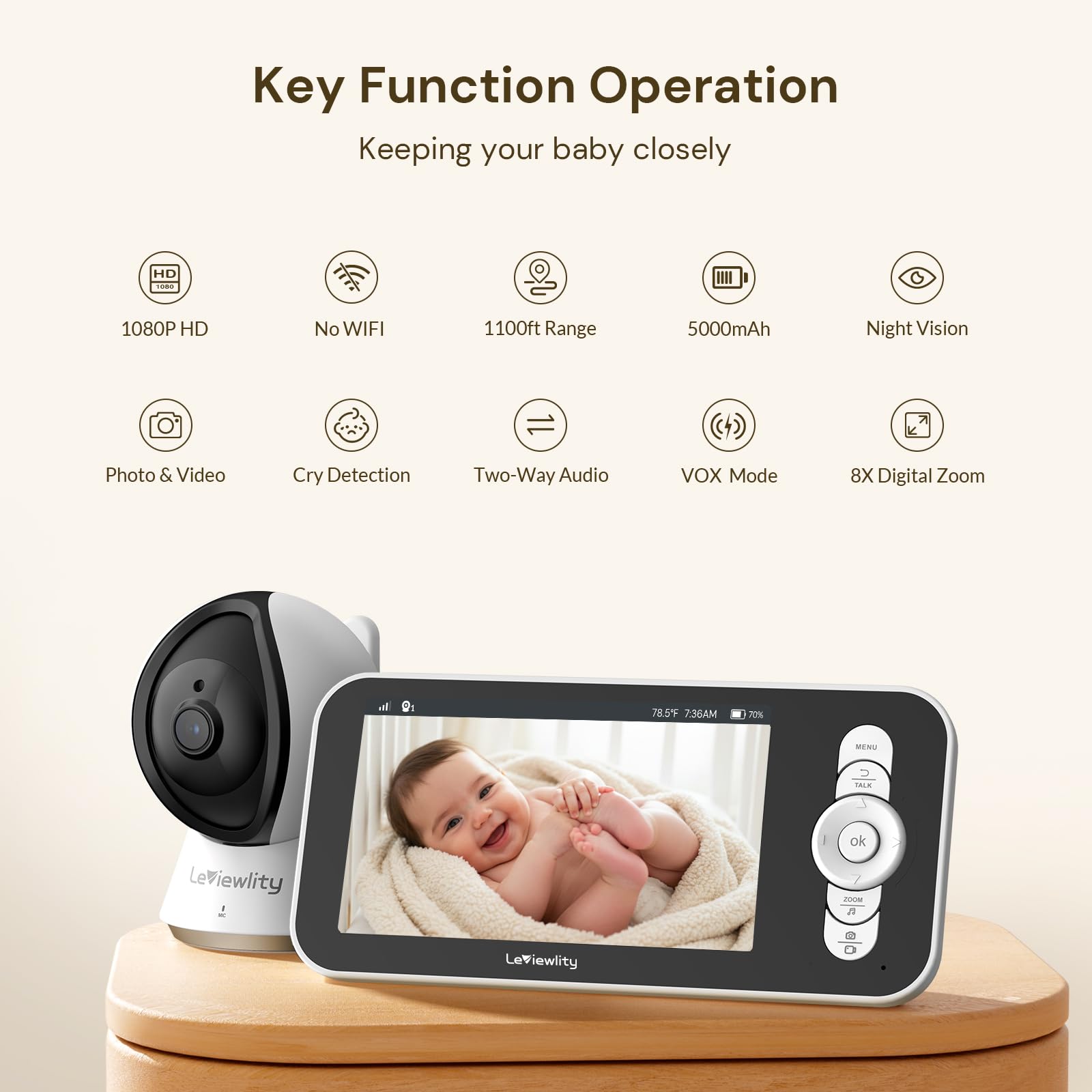 Key Function Operation  
Keeping your baby closely

- 1080P HD
- No WIFI
- 1100ft Range
- 5000mAh
- Night Vision
- Photo & Video
- Cry Detection
- Two-Way Audio
- VOX Mode
- 8X Digital Zoom

Leviewlity  
Leviewlity