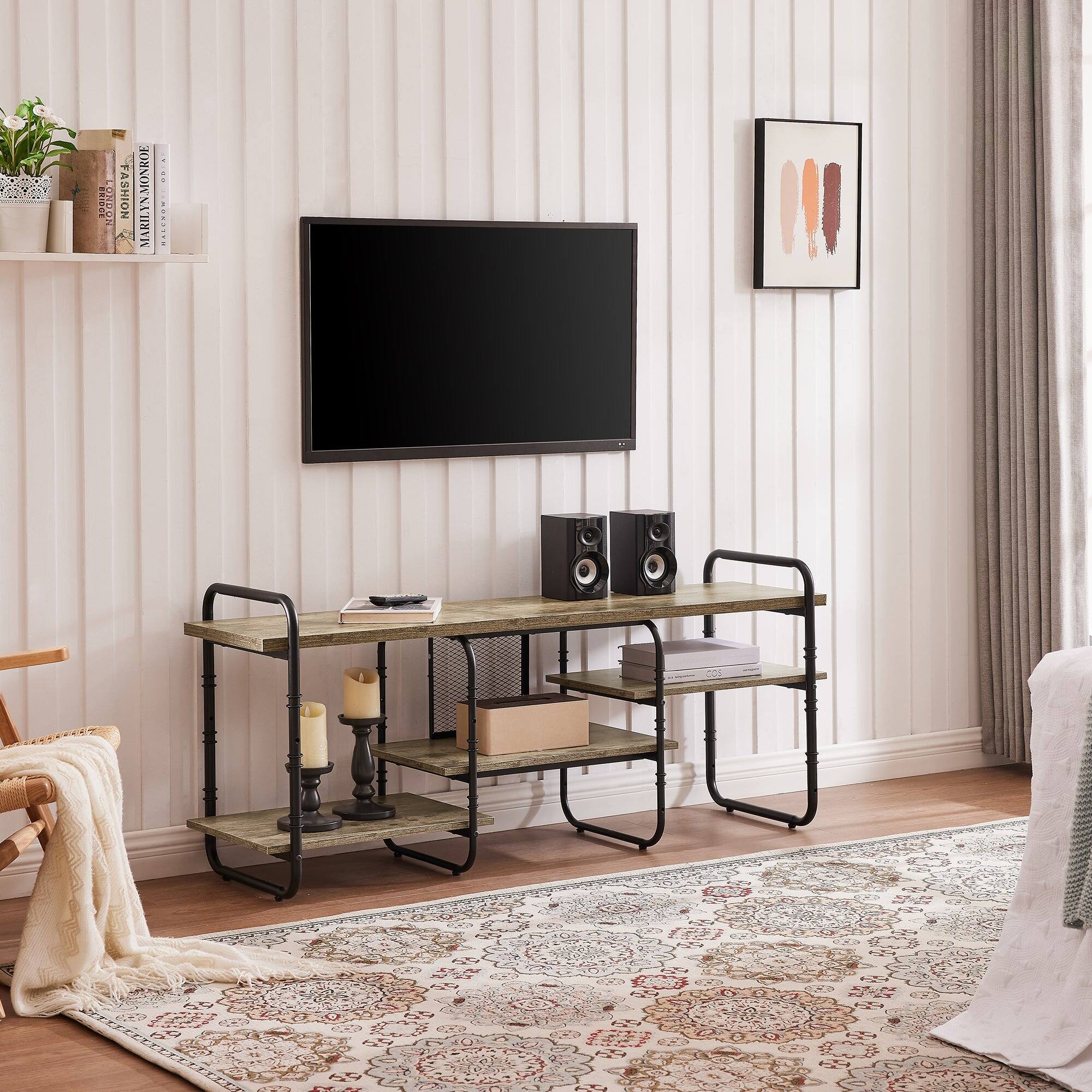 Vecelo - 55" Industrial TV Stand with Adjustable Shelves - Heavy Duty Metal Frame, 55lb Shelf Capacity,Grey - Gray