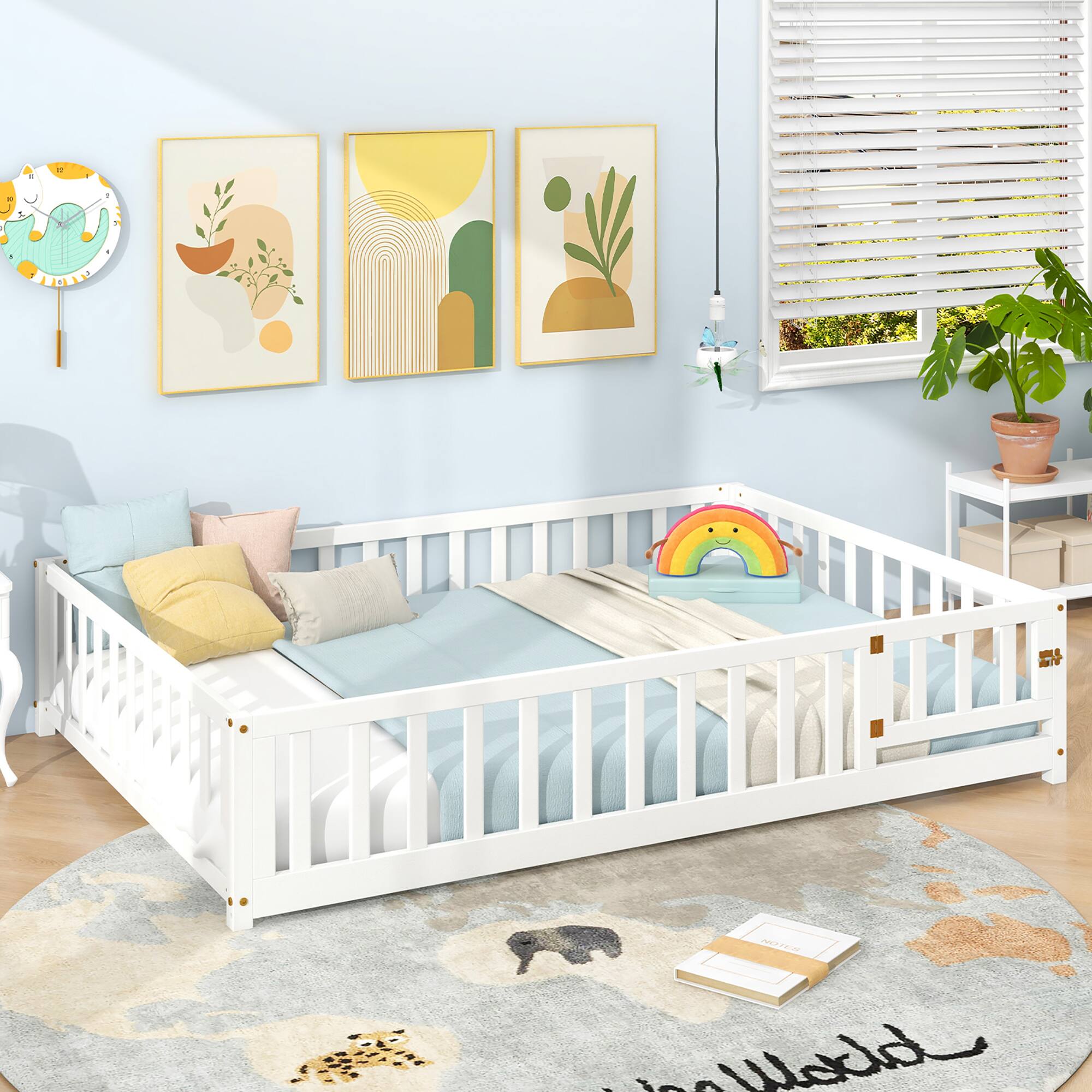 Alt View 3. Gymax - Gymax Full Size Floor Bed Montessori Bed Frame w/ Full-length Guardrails & Safety Door White - White.