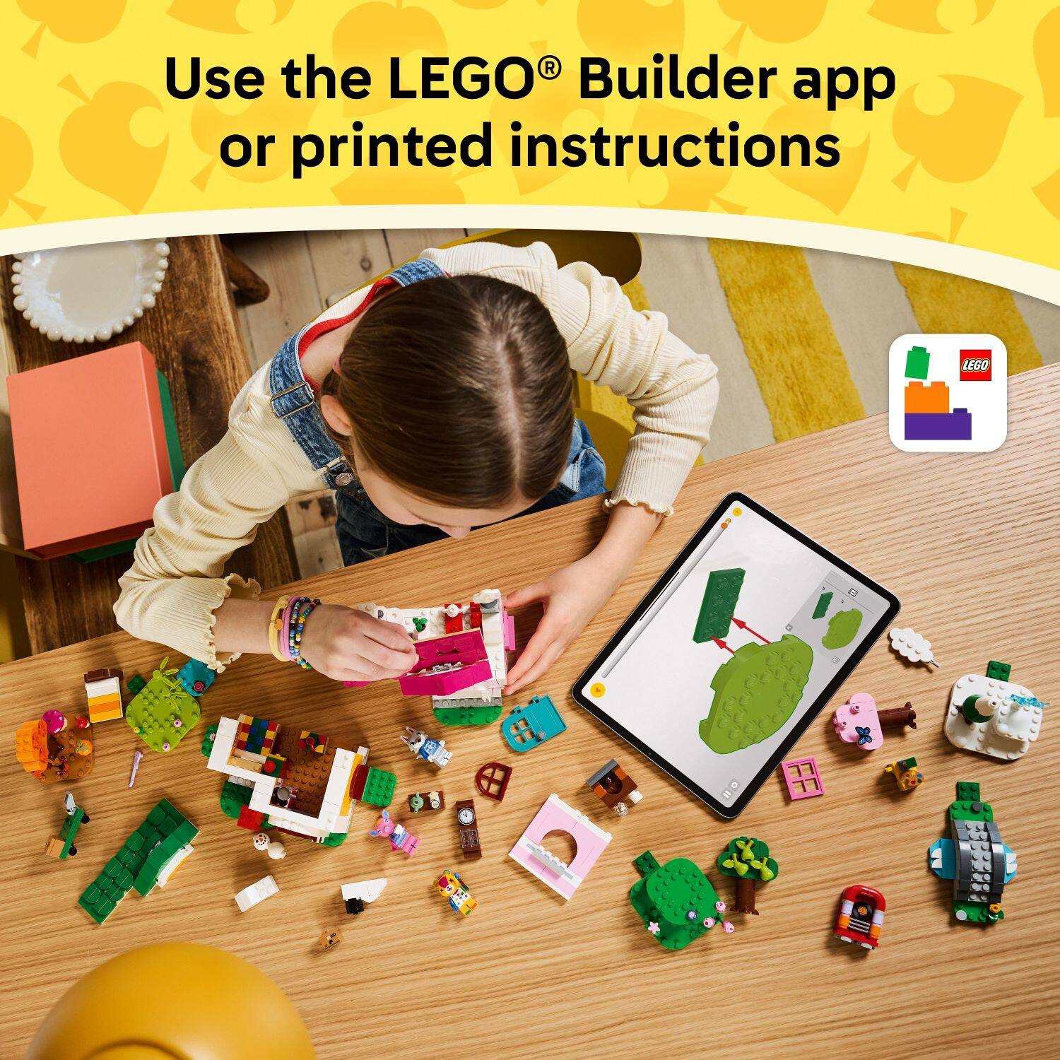 Use the LEGO Builder app or printed instructions. LEGO®