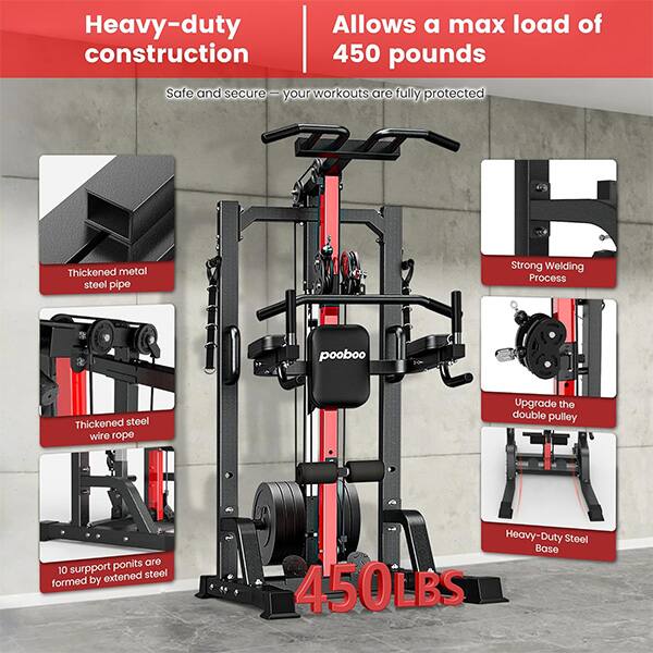 Heavy-duty construction  
Allows a max load of 450 pounds  

Safe and secure - your workouts are fully protected  

Thickened metal steel pipe  
Strong Welding Process  
Thickened steel wire rope  
Upgrade the double pulley  
10 support points are formed by extended steel  
Heavy-Duty Steel Base  

450LBS