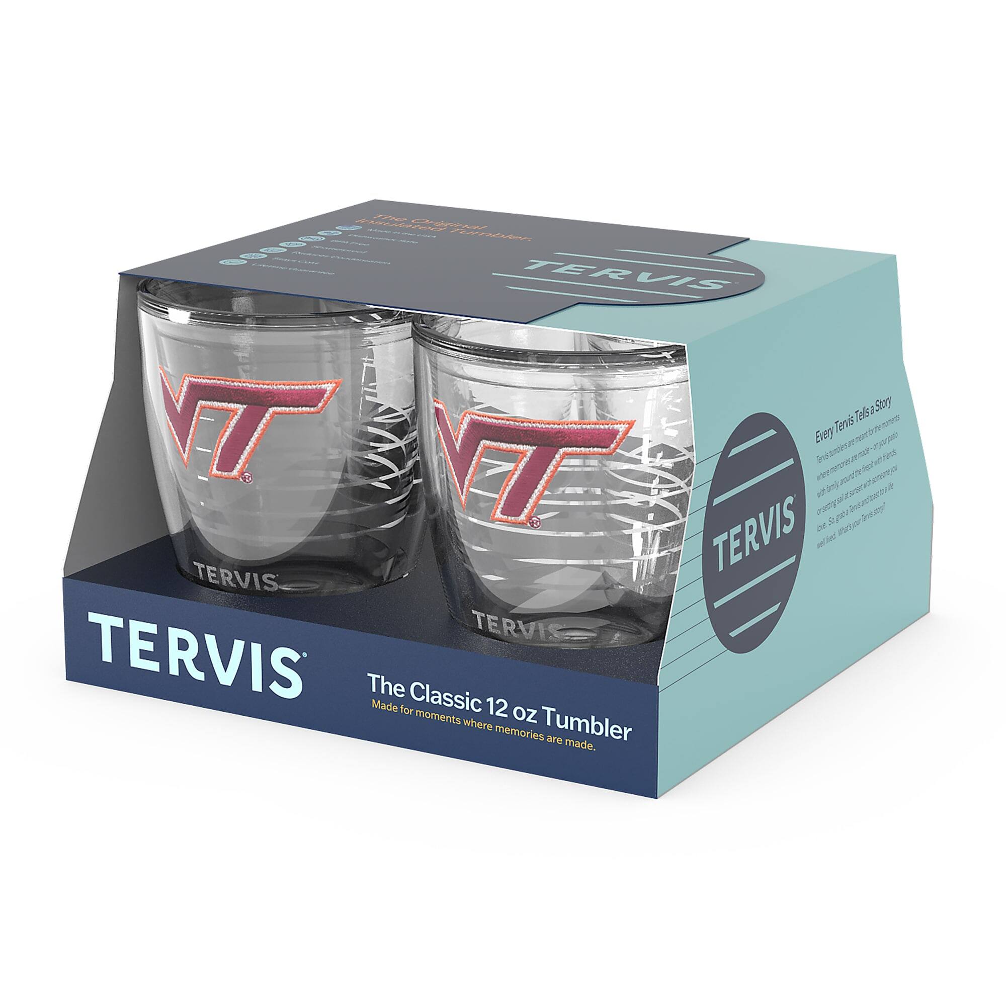 TERVIS  
The Classic 12 oz Tumbler  
Made for moments where memories are made.  

Every Tervis Tells a Story  
The Tervis story began in 1946 when a young entrepreneur named Fred Tervis started making insulated tumblers in his garage. Today, Tervis is a family-owned company that continues to innovate and inspire with its iconic tumblers.  

TERVIS  
The Classic 12 oz Tumbler  
Made for moments where memories are made.
