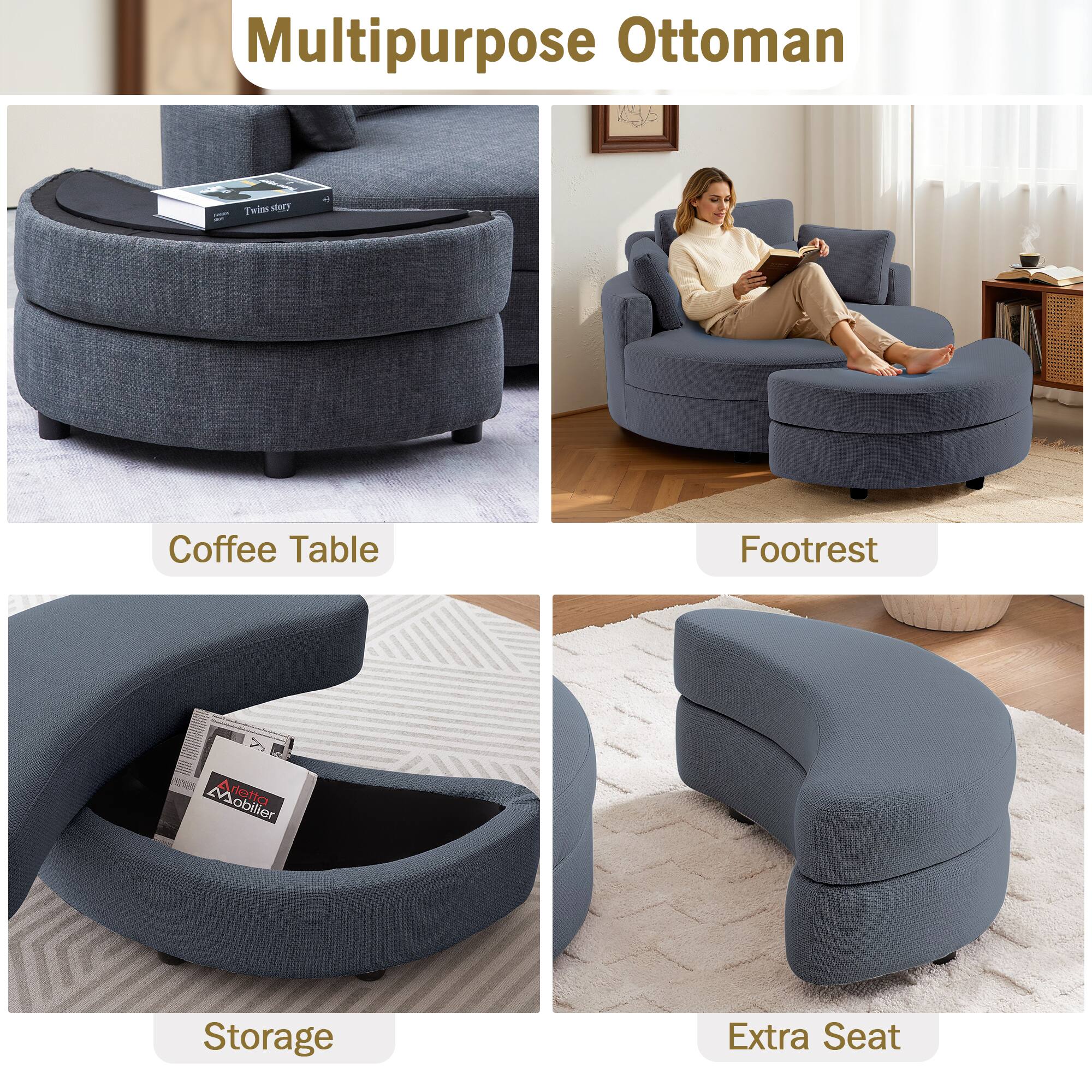 Multipurpose Ottoman

- Coffee Table
- Footrest
- Storage
- Extra Seat