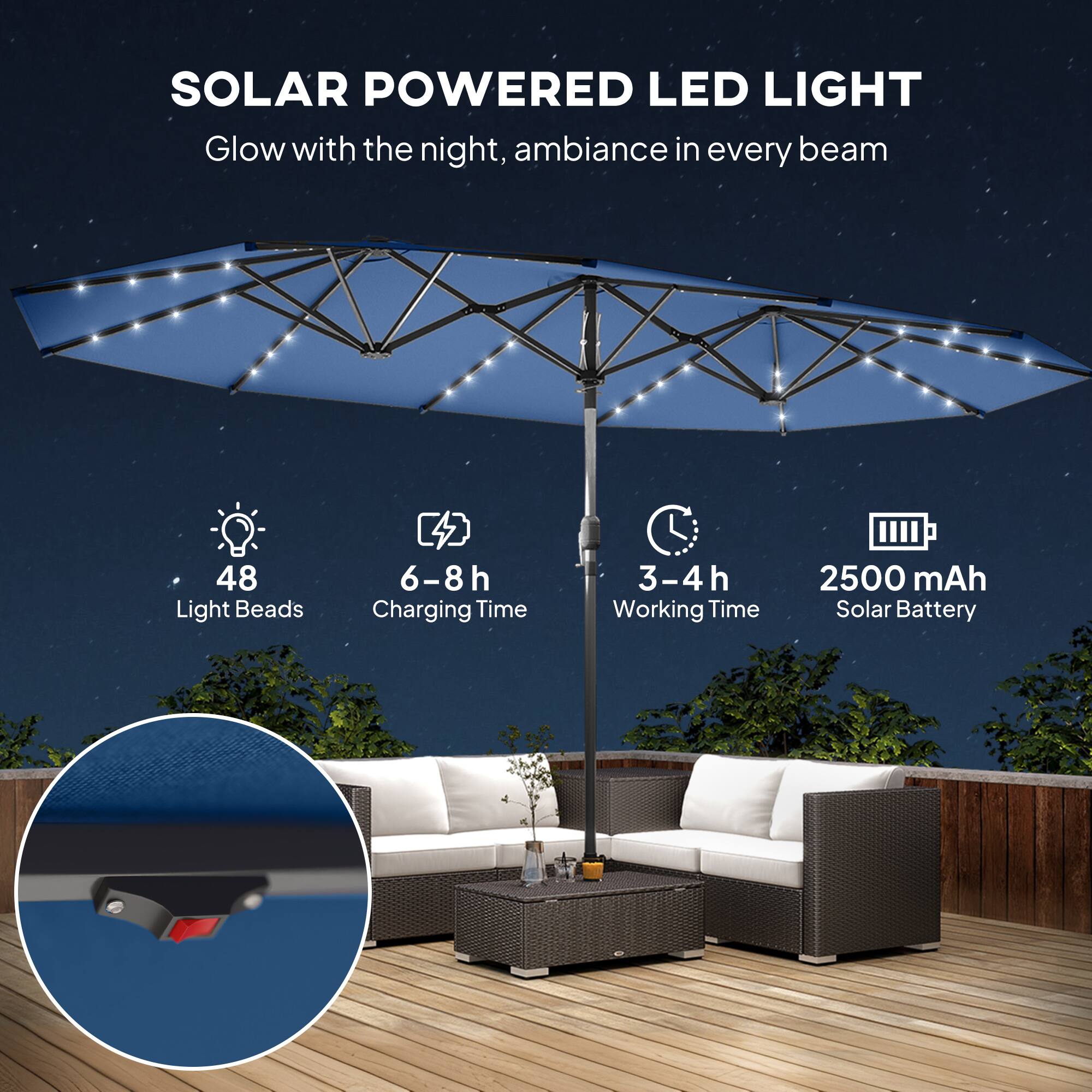 SOLAR POWERED LED LIGHT  
Glow with the night, ambiance in every beam  

- 48 Light Beads  
- 6-8h Charging Time  
- 3-4h Working Time  
- 2500 mAh Solar Battery